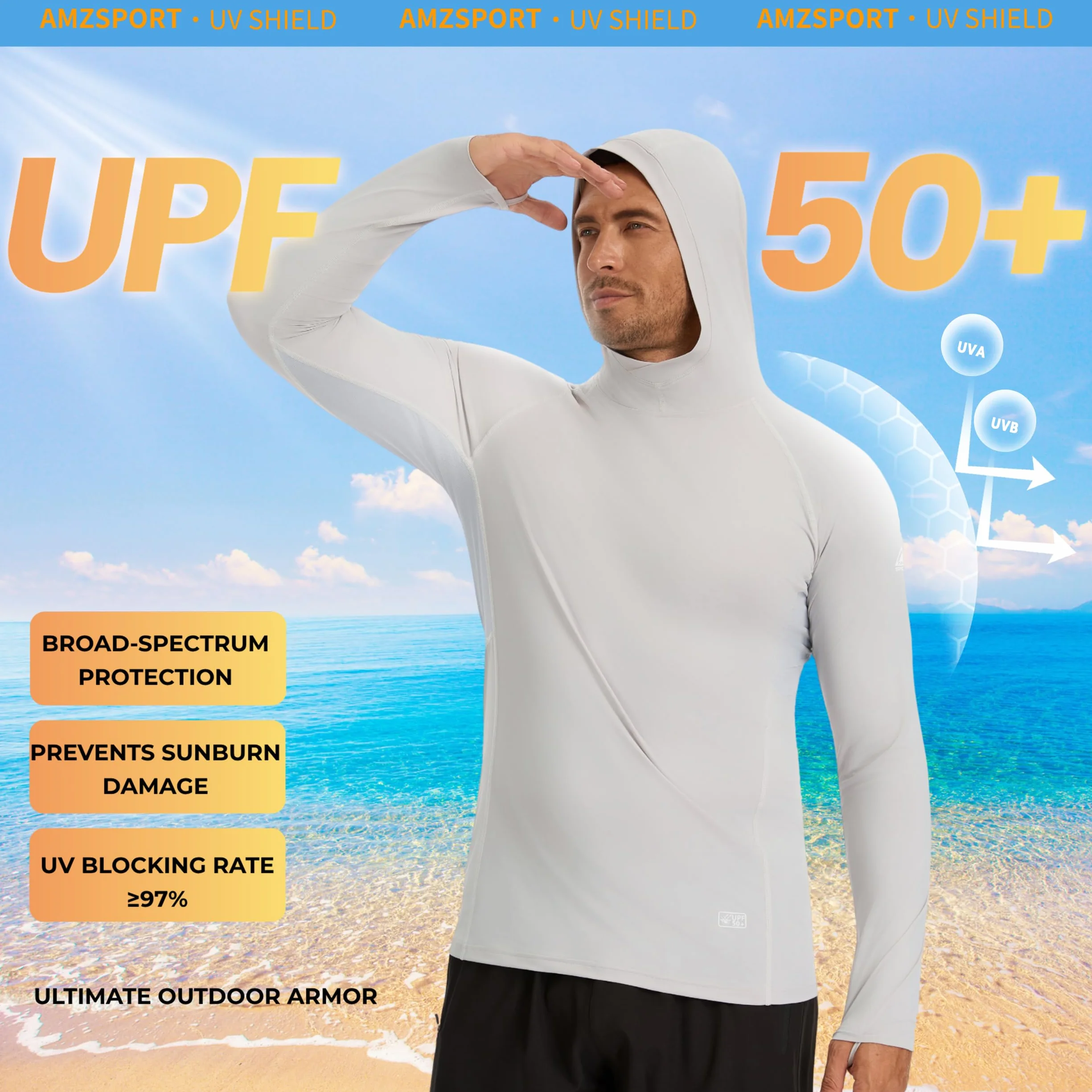 AMZSPORT Sweat à Capuche Homme UPF 50+ Protection Solaire Anti-UV Rashguard Manches Longues Pêche Plein Air