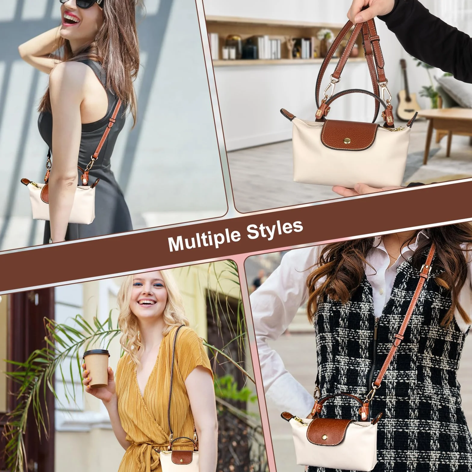 Marron Beige Bandoulière Organisateur Sac Longchamp Mini Femme Réglable Cuir Feutre Poches Multiples