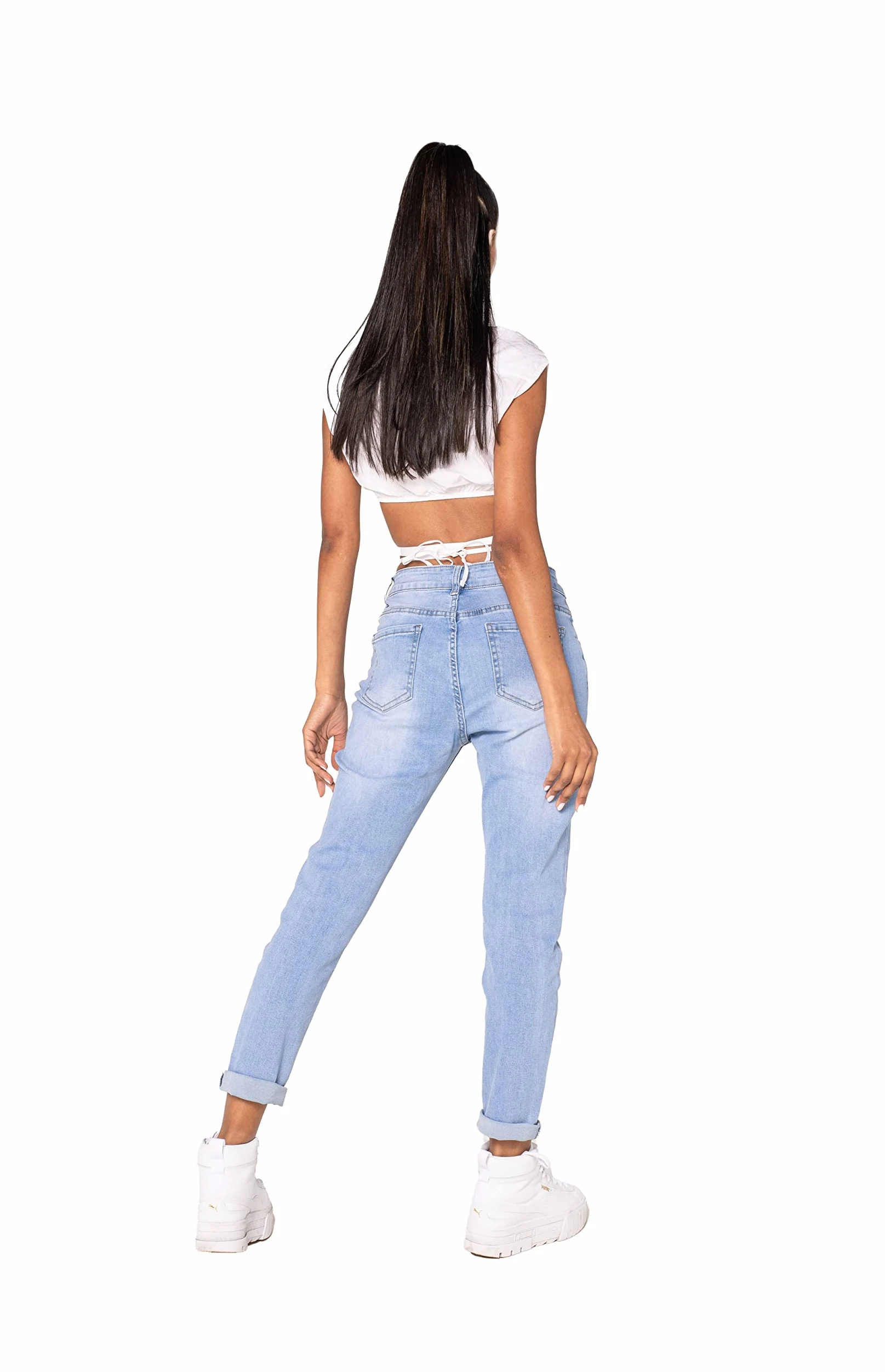 Nina Carter P189 Jean taille haute pour femme Coupe droite Aspect usé
