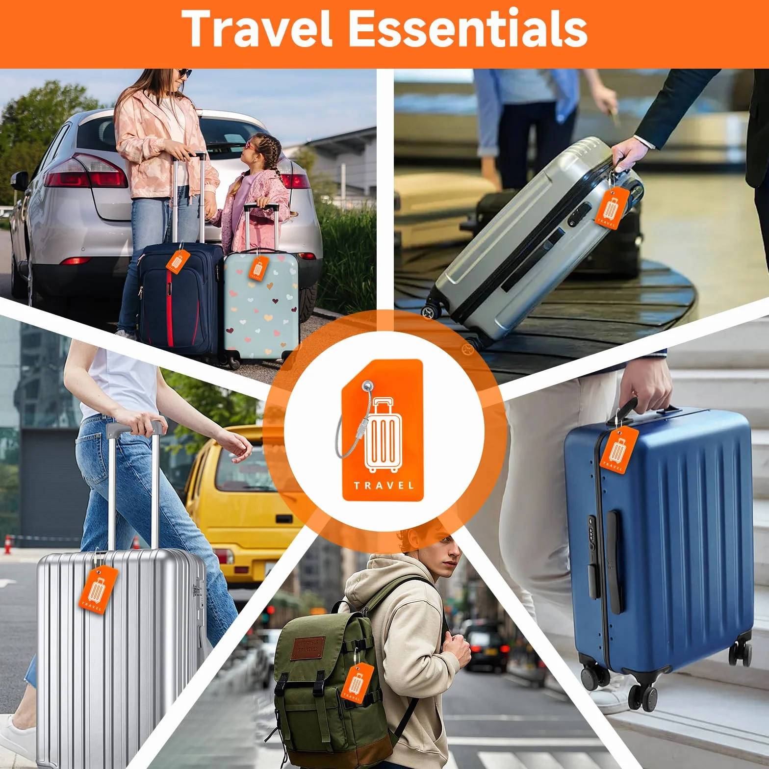 Teskyer 5 Pièces Étiquettes Valise Silicone avec Boucles Acier Orange