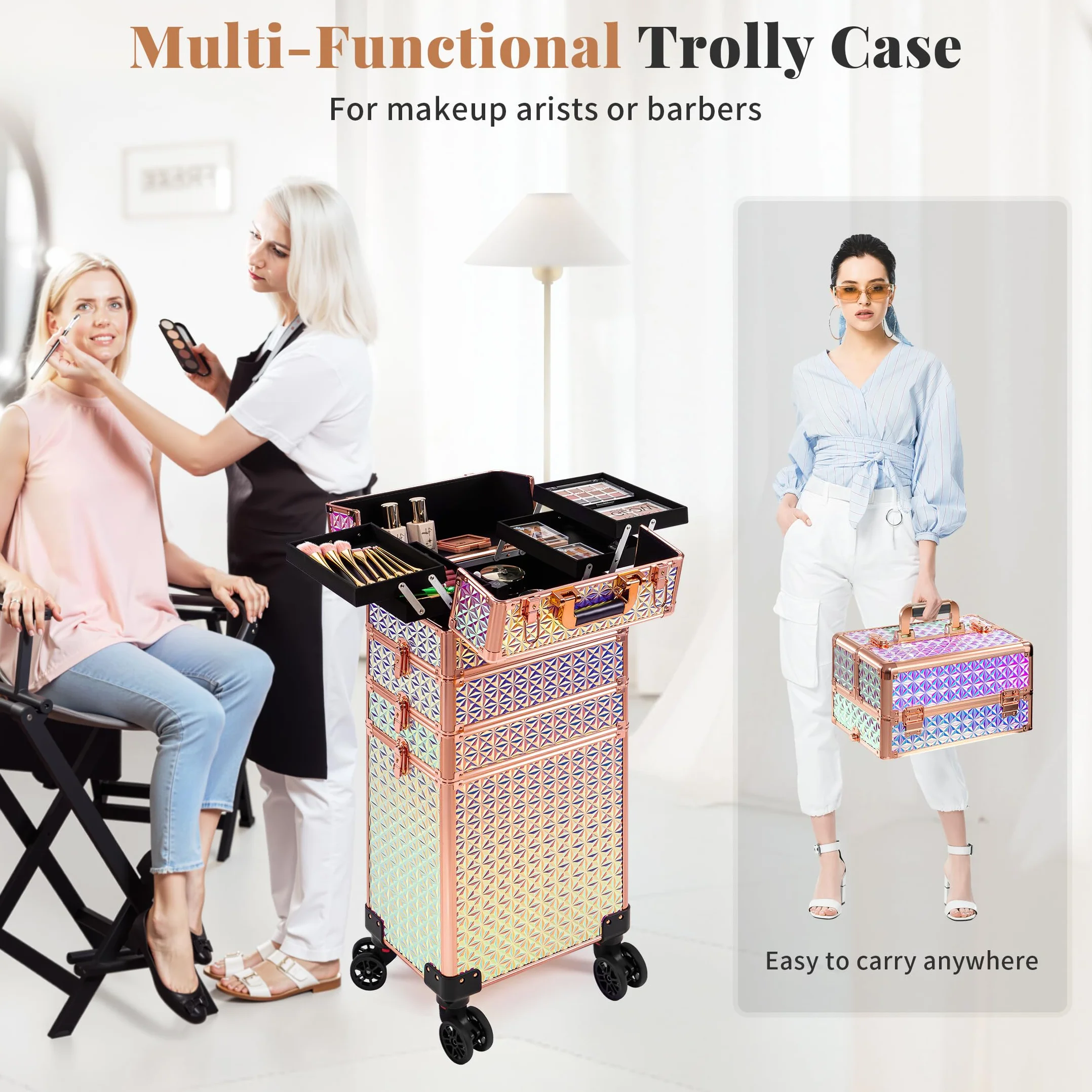 Mallette de maquillage professionnelle en aluminium 5 en 1 avec roulettes pivotantes 360°