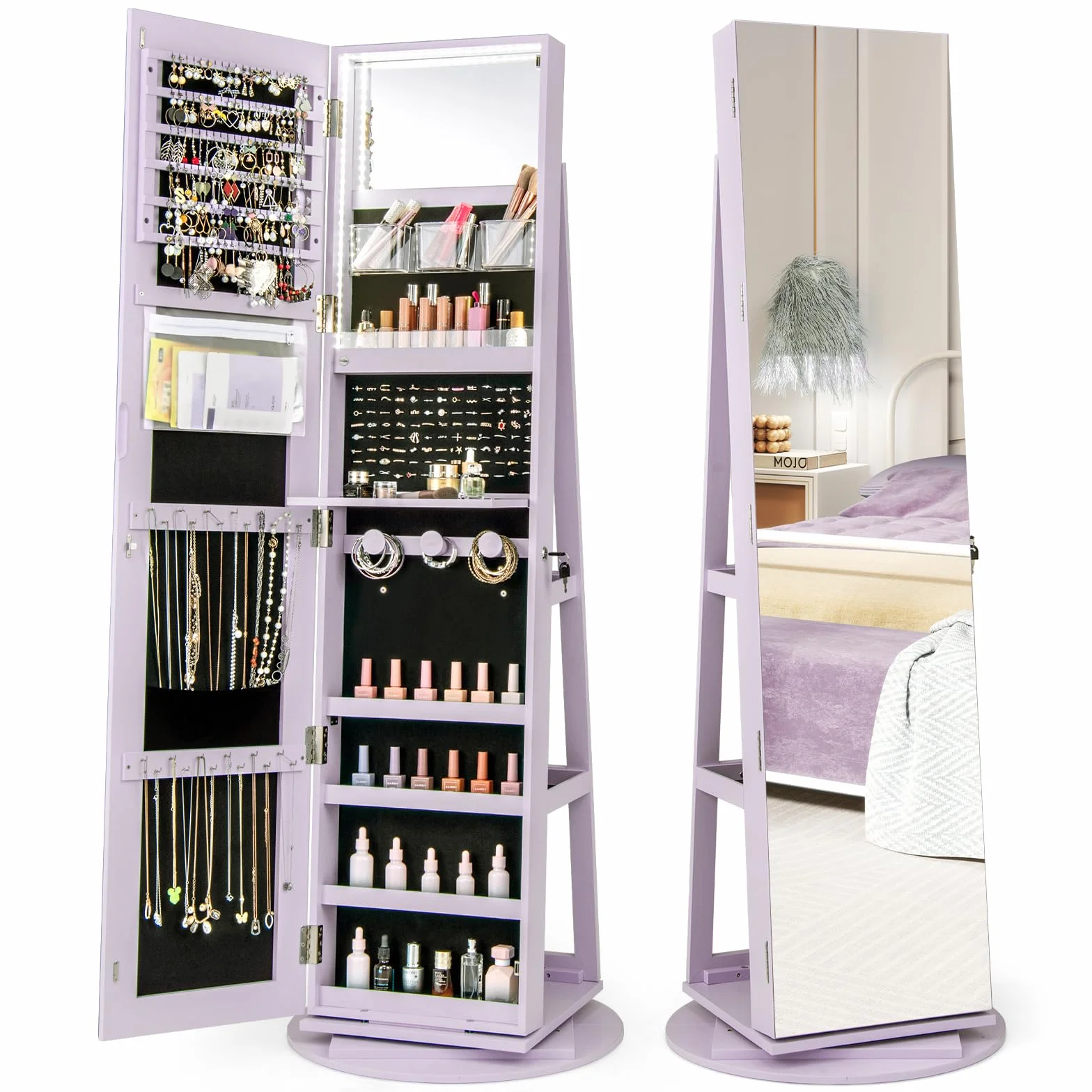 COSTWAY Armoire à Bijoux Pivotante 360° avec Miroir Pleine Longueur et Lumières LED 3 Couleurs, Style Nordique Violet