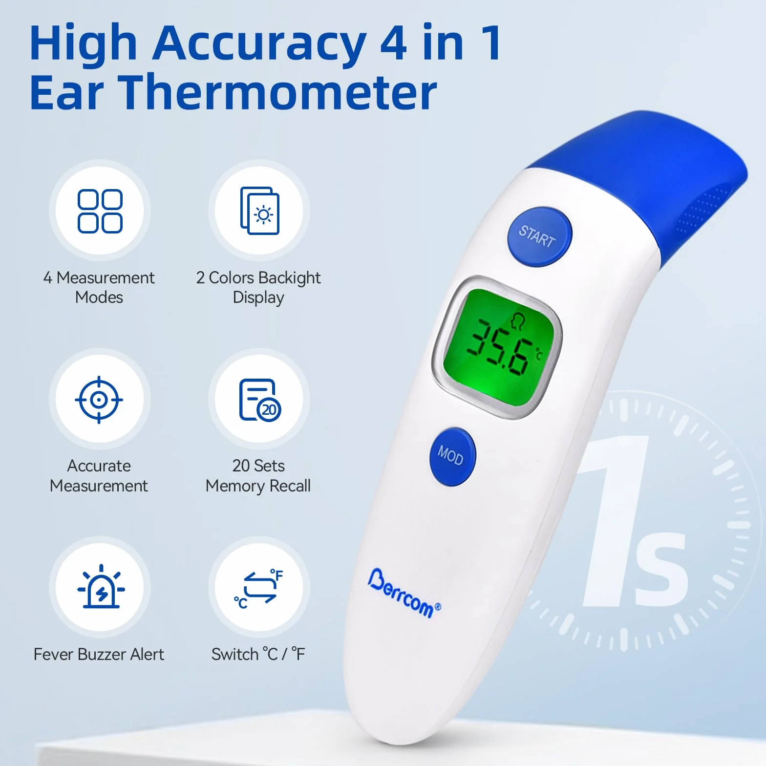 Berrcom Thermomètre frontal et auriculaire numérique sans contact infrarouge bébé adulte