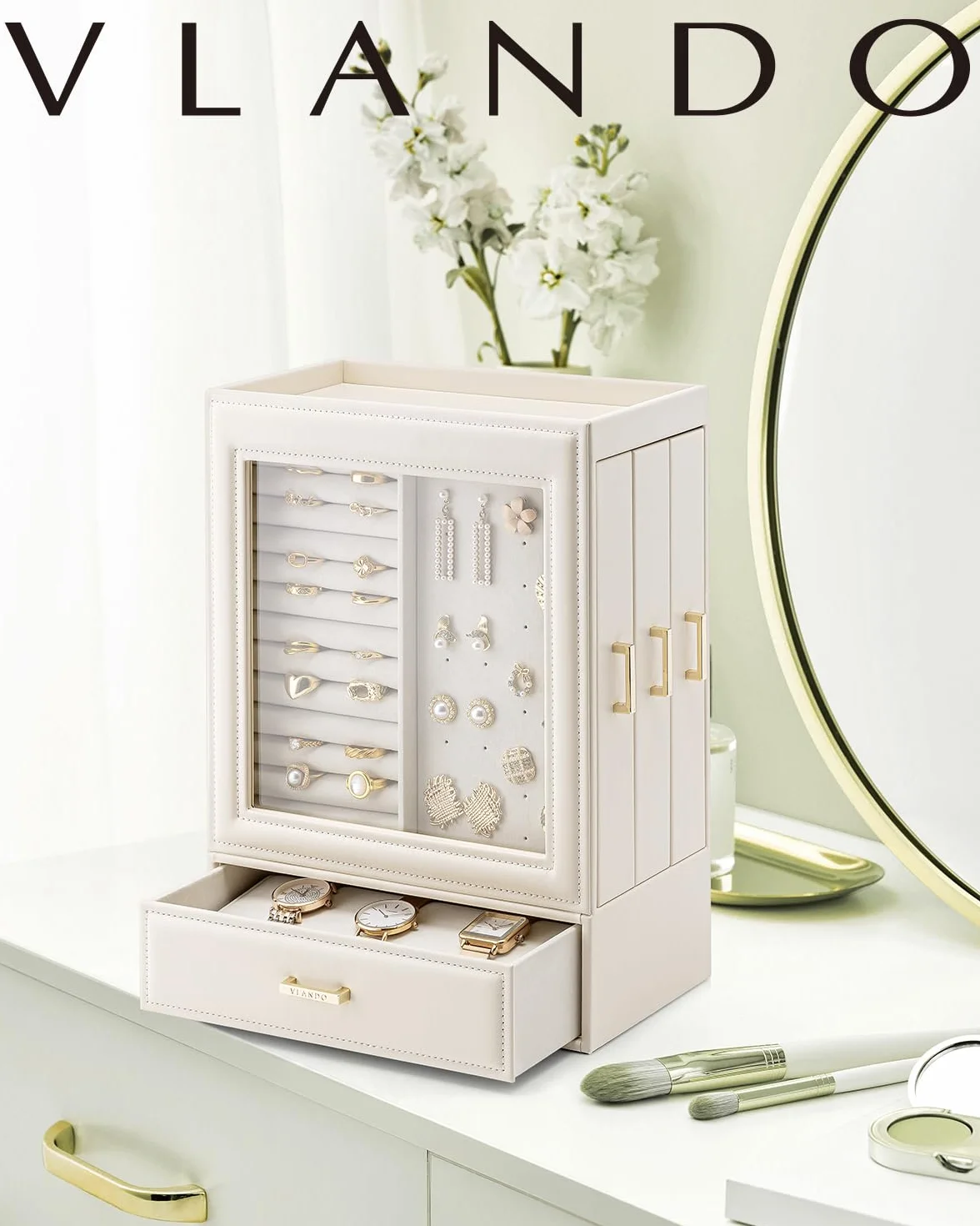 VALNDO Armoire à bijoux 5 niveaux avec couvercle en verre, tiroirs latéraux, organisateur vertical beige-rose