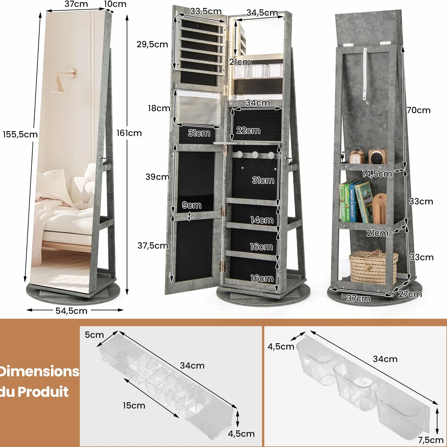 RELAX4LIFE Armoire à Bijoux Pivotante 360º avec Miroir Pleine Longueur, Éclairage LED, Gris