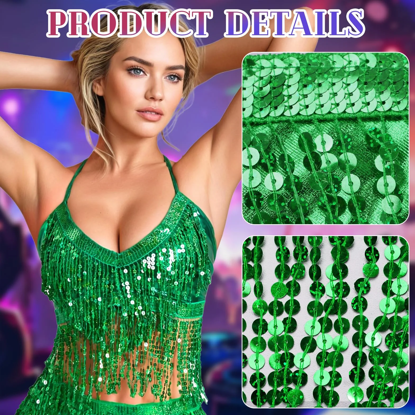 Haut à Paillettes Femme avec Franges, Soutien Gorge Scintillant Nuque pour Danse du Ventre