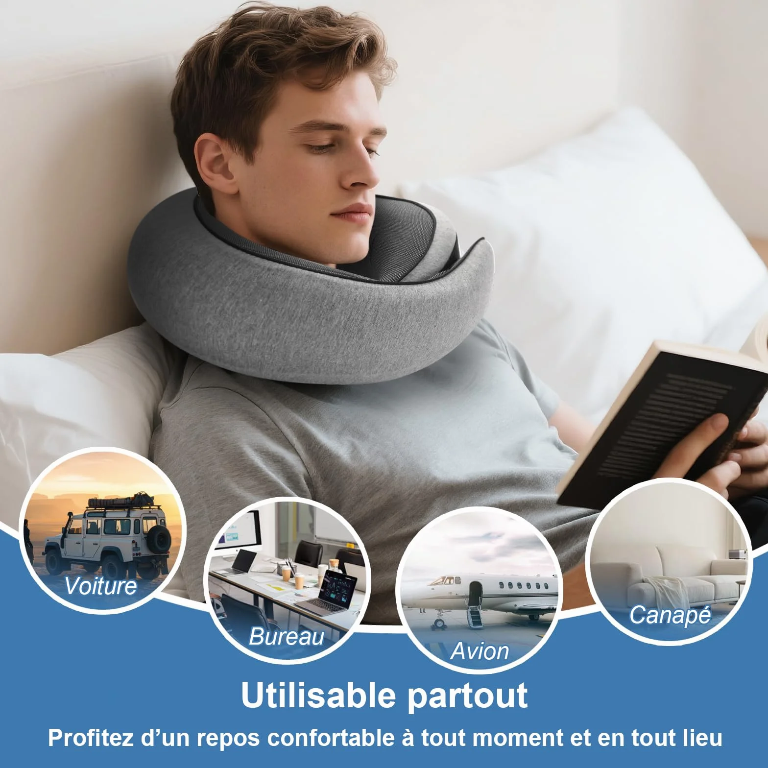 Nomadike-s NOMAREST Coussin de Voyage Mémoire de Forme Oreiller Ergonomique Mousse Avion Voiture Gris
