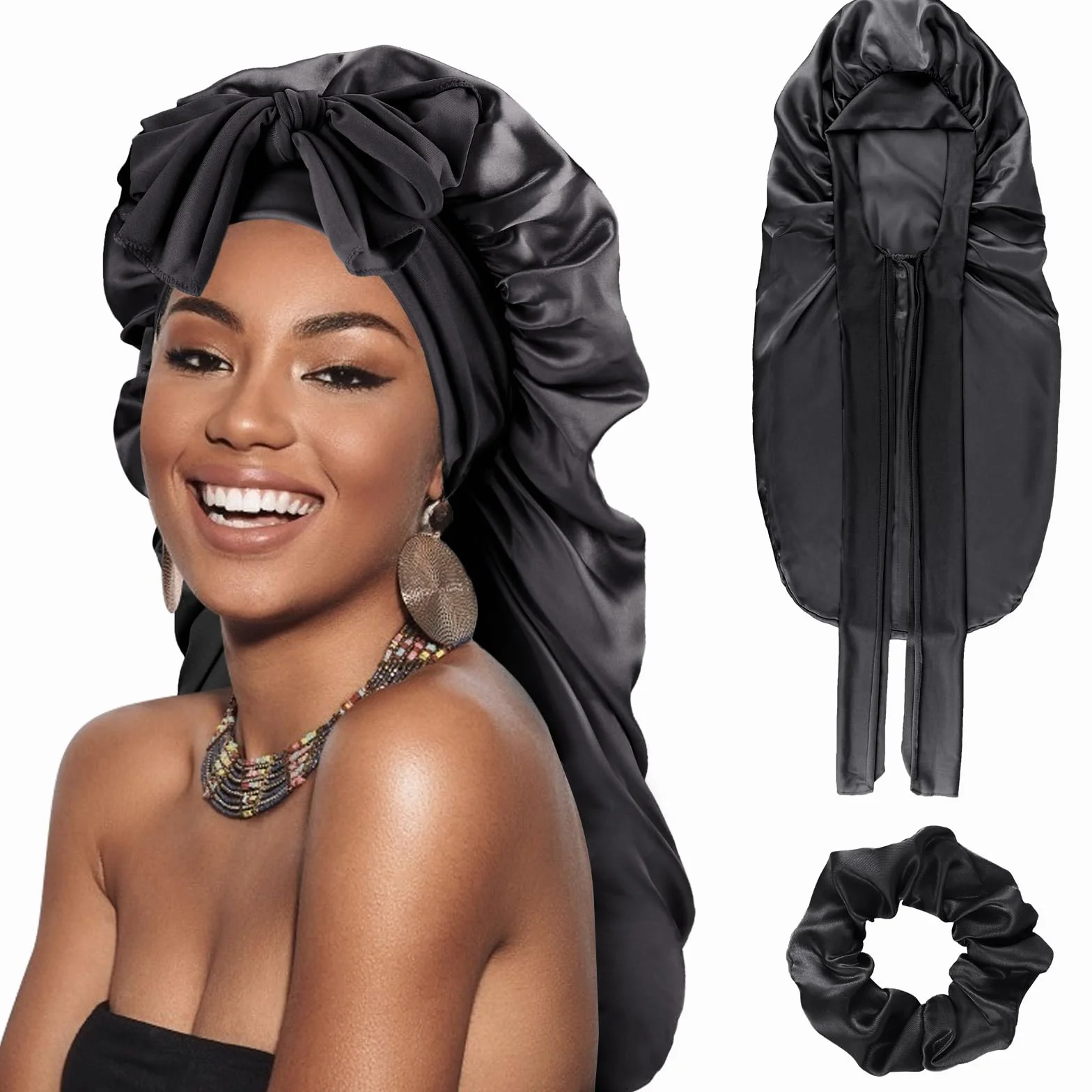 DRESHOW Bonnet Long en Satin Tressé pour Cheveux Longs Bouclés Locs