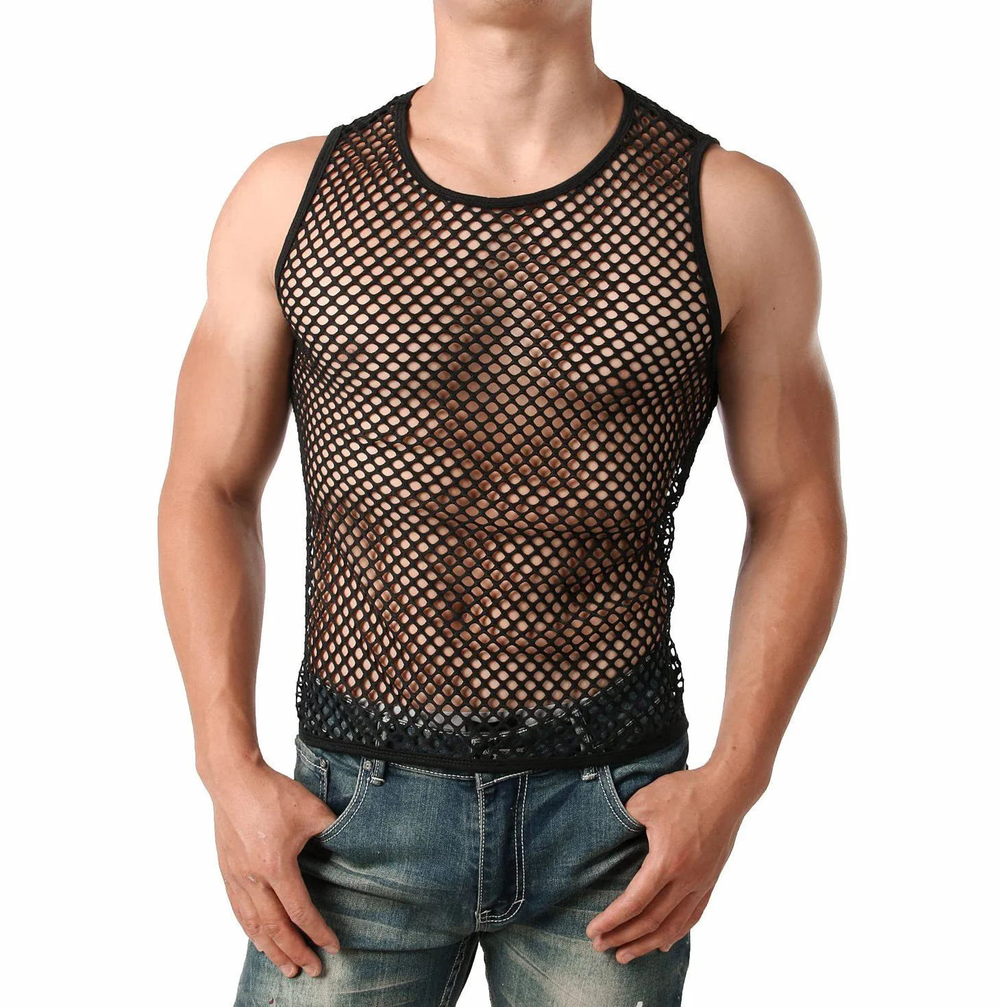 Maillot de Corps en Maille Transparent sans Manches pour Homme, Débardeur Filet Respirante T-Shirt Muscle Tank Top Noir