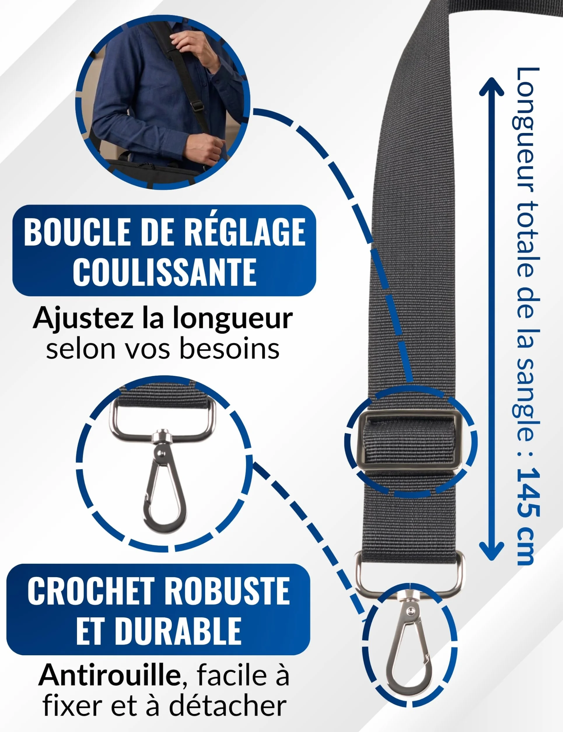 Sangle pour Sac à Main Universelle Réglable Antidérapante avec Crochets Métalliques - Bandoulière Argentée