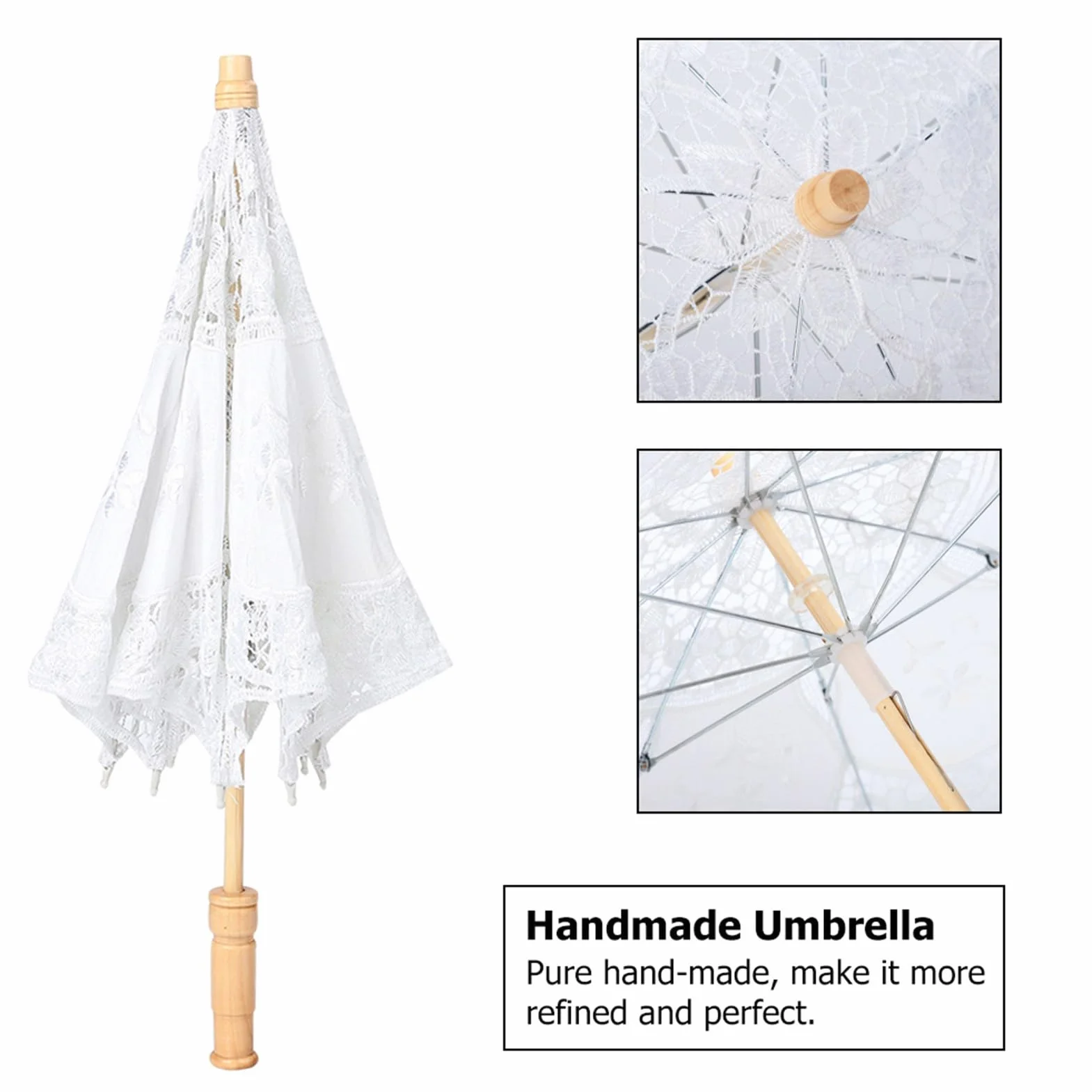 Parapluie de Mariée en Dentelle avec Manche en Bois, Broderie Fleurs Faite à la Main (L)