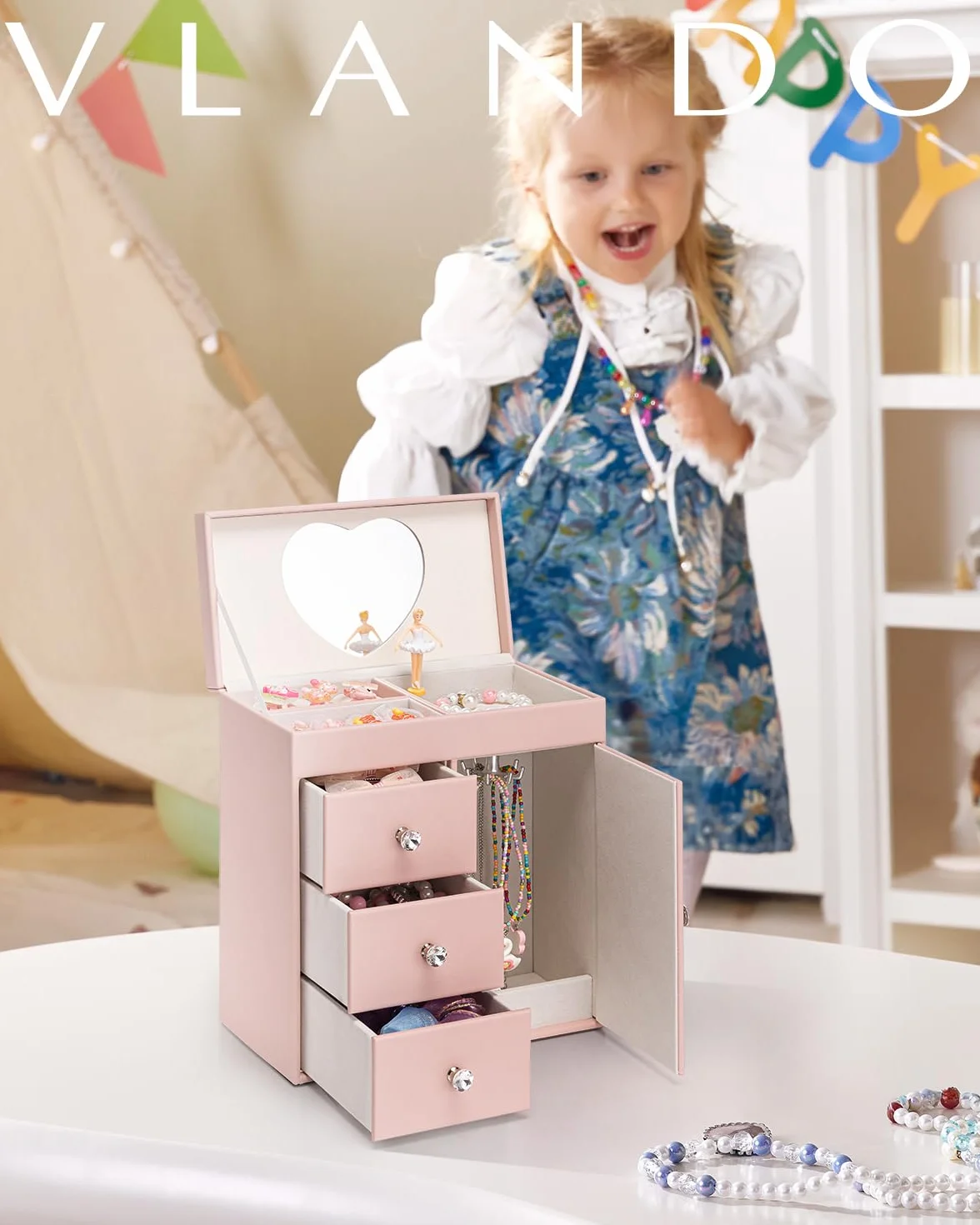 VLANDO Boîte à bijoux musicale pour filles, grande boîte à musique avec ballerine, 4 étages