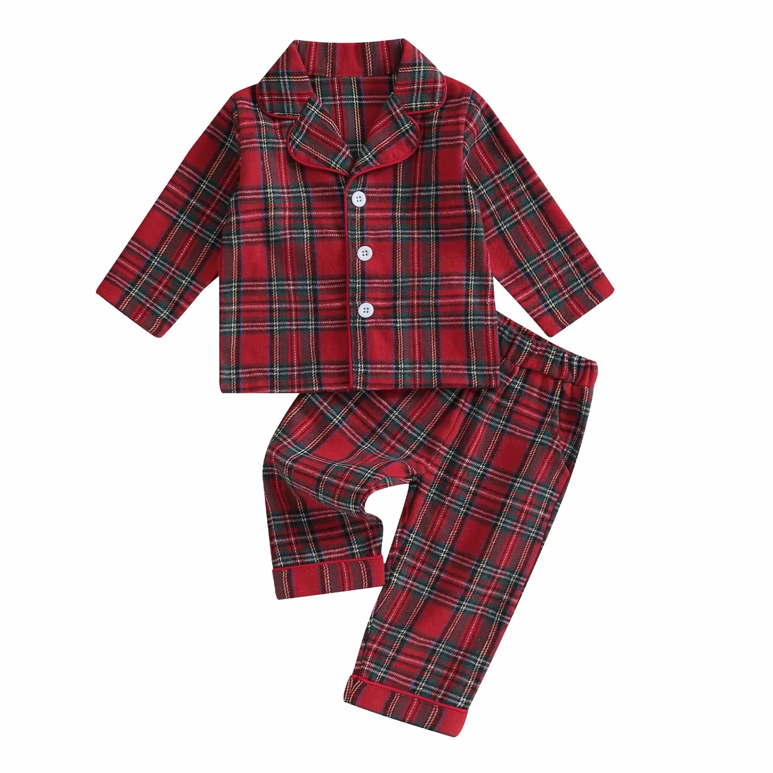 Carolilly Ensemble Pyjama Enfant Bébé Carreaux Rouge 2 Pièces Haut Manches Longues Boutonné Devant Col Revers Pantalon 6 Mois 4 Ans