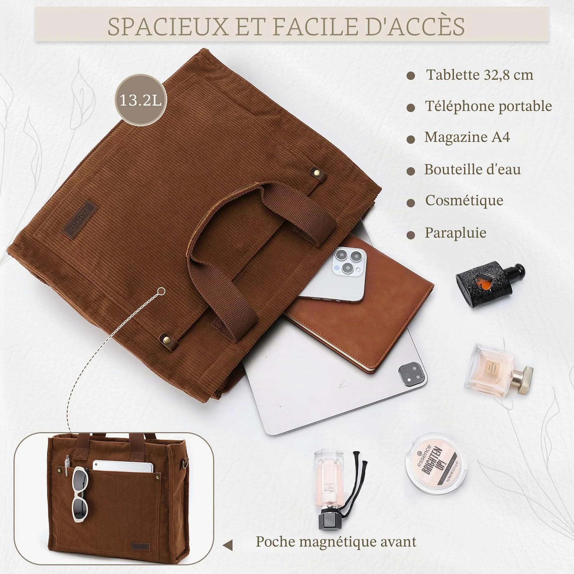 VASCHY Cabas Femme en Velours Côtelé, Tote Bag Zippé avec Bandoulière Amovible, Sac Porté Épaule Léger pour Travail, Cours et Shopping, 37 x 11 x 32 cm
