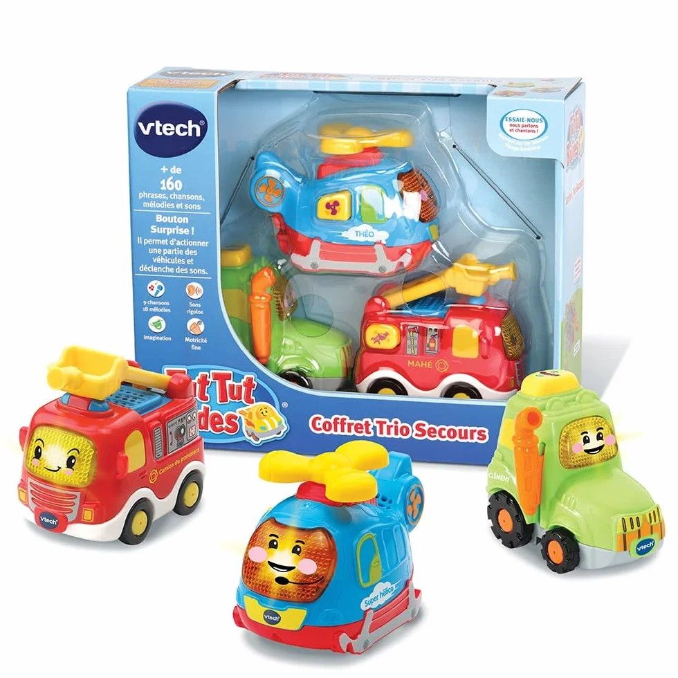 VTech Tut Tut Bolides Coffret Trio Secours 3 Voitures Interactives Camion de Pompiers Tracteur Hélicoptère Jouet Musical Enfant 1-5 Ans