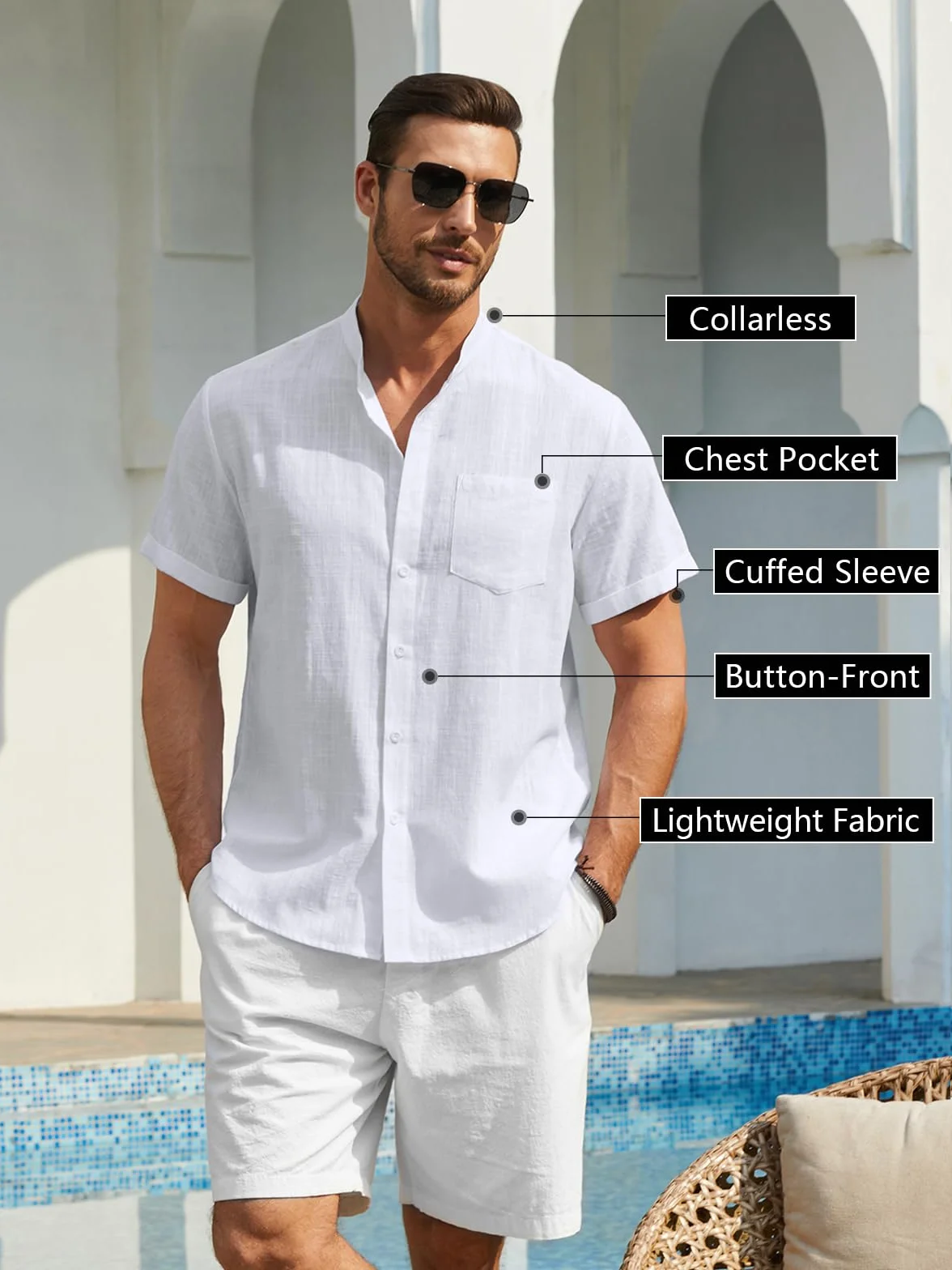 Chemises Lin Homme Manche Courte Col Mao Henley Été S-4XL