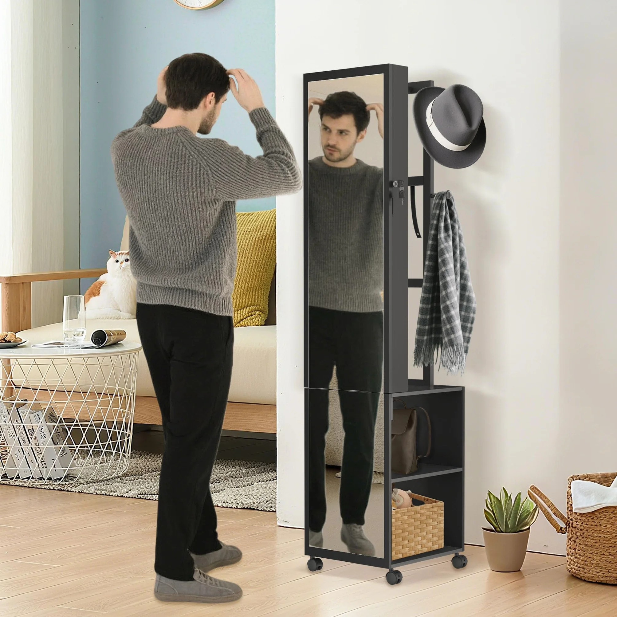 LZQ Armoire à bijoux avec miroir et lumières LED - Verrouillable - 36 x 40 x 170 cm - Noir