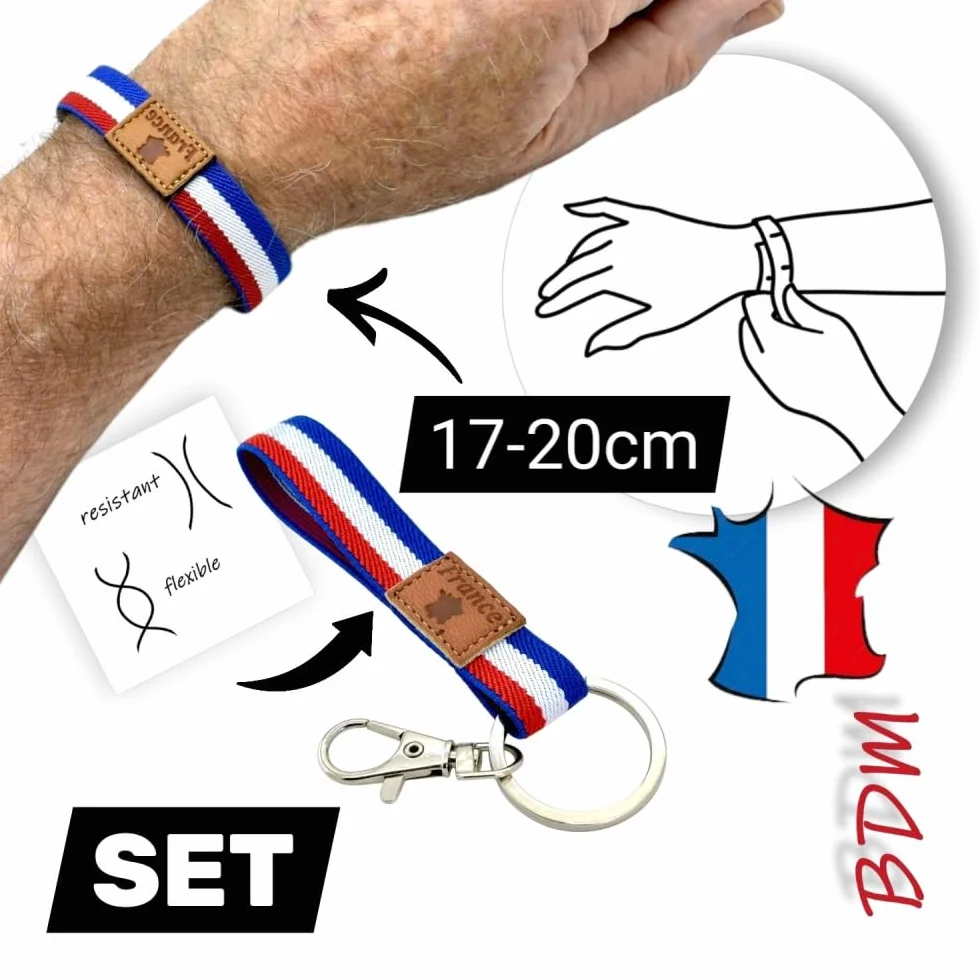 Bracelet Drapeau Français Tricolore avec Étiquette Cuir – Porte-clés ou Ensemble | Fierté Française Les Bleus
