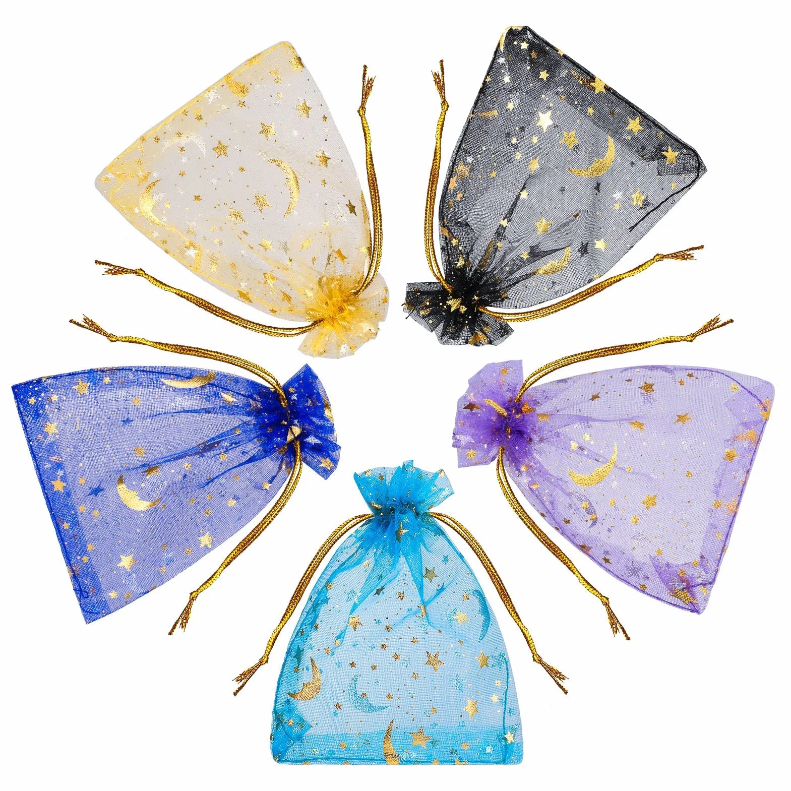 Sacs En Organza 100 pièces 9x12cm Mélanger Couleur avec Motif étoile et lune Ruban Or pour Cadeaux Bijoux Mariage