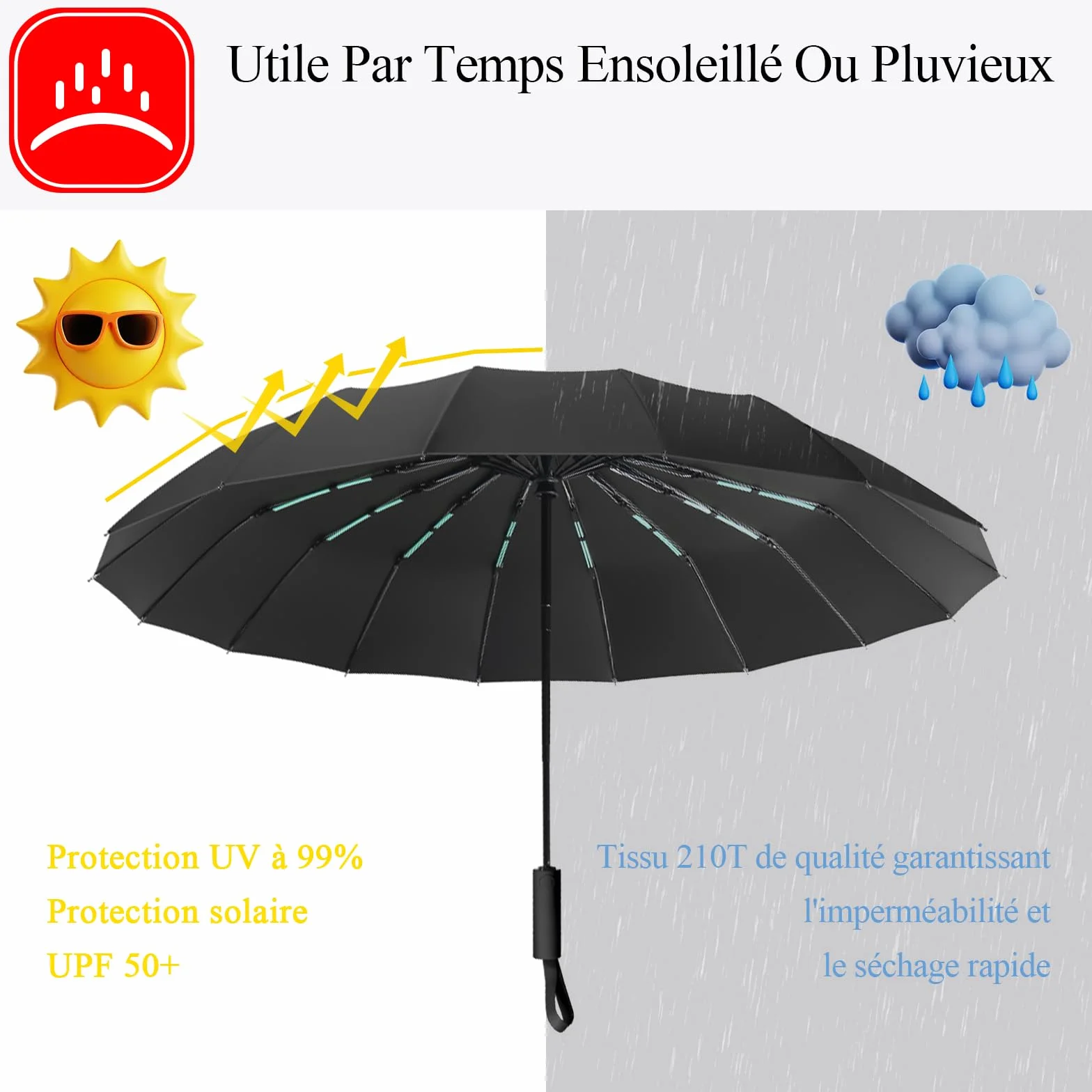LENDOO Parapluie Pliant Automatique 16 Baleines Anti-Tempête Résistant au Vent Compact Anti-UV