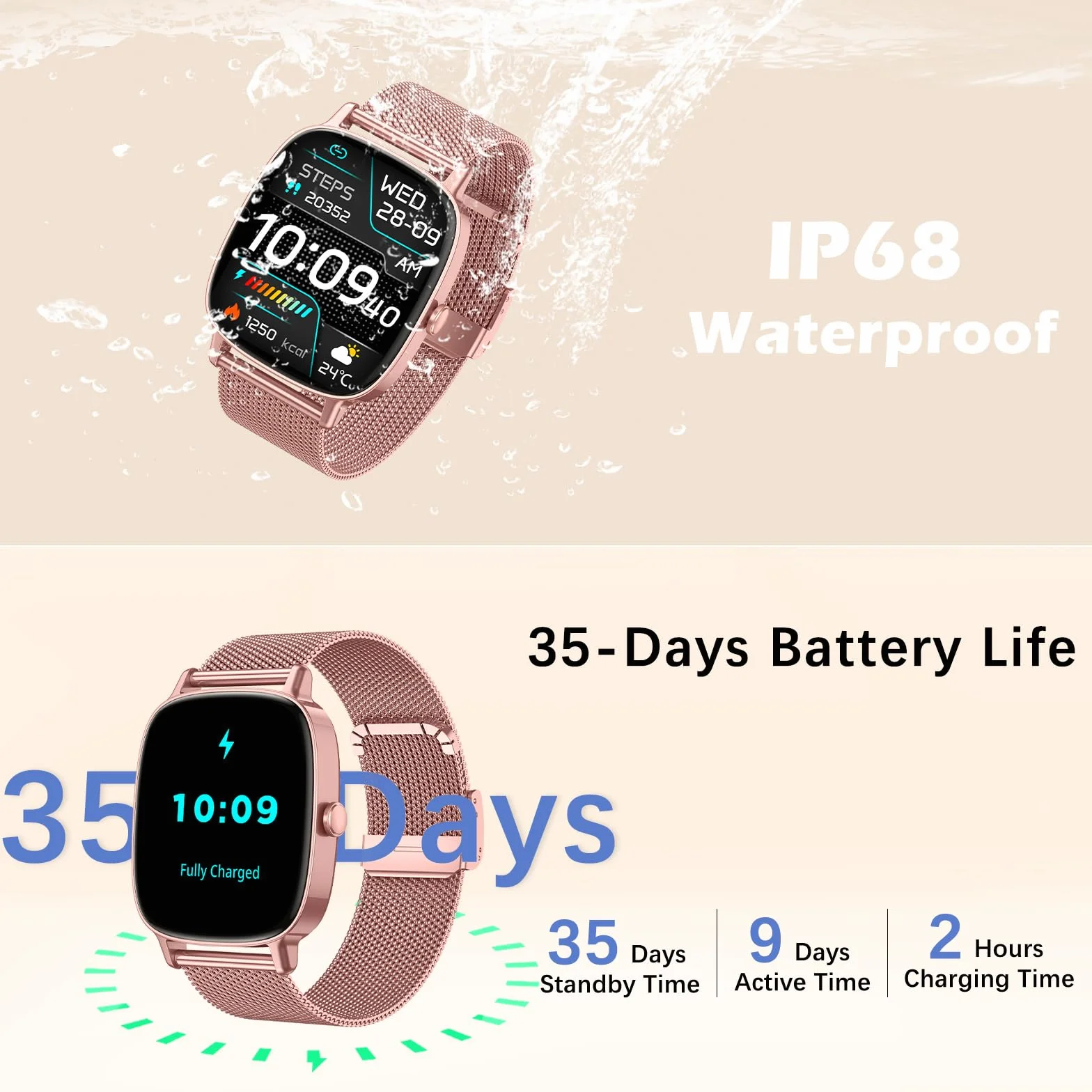 Montre connectée Femme 1,85 Pouces IP68 Cardiofréquencemètre Podomètre Rose