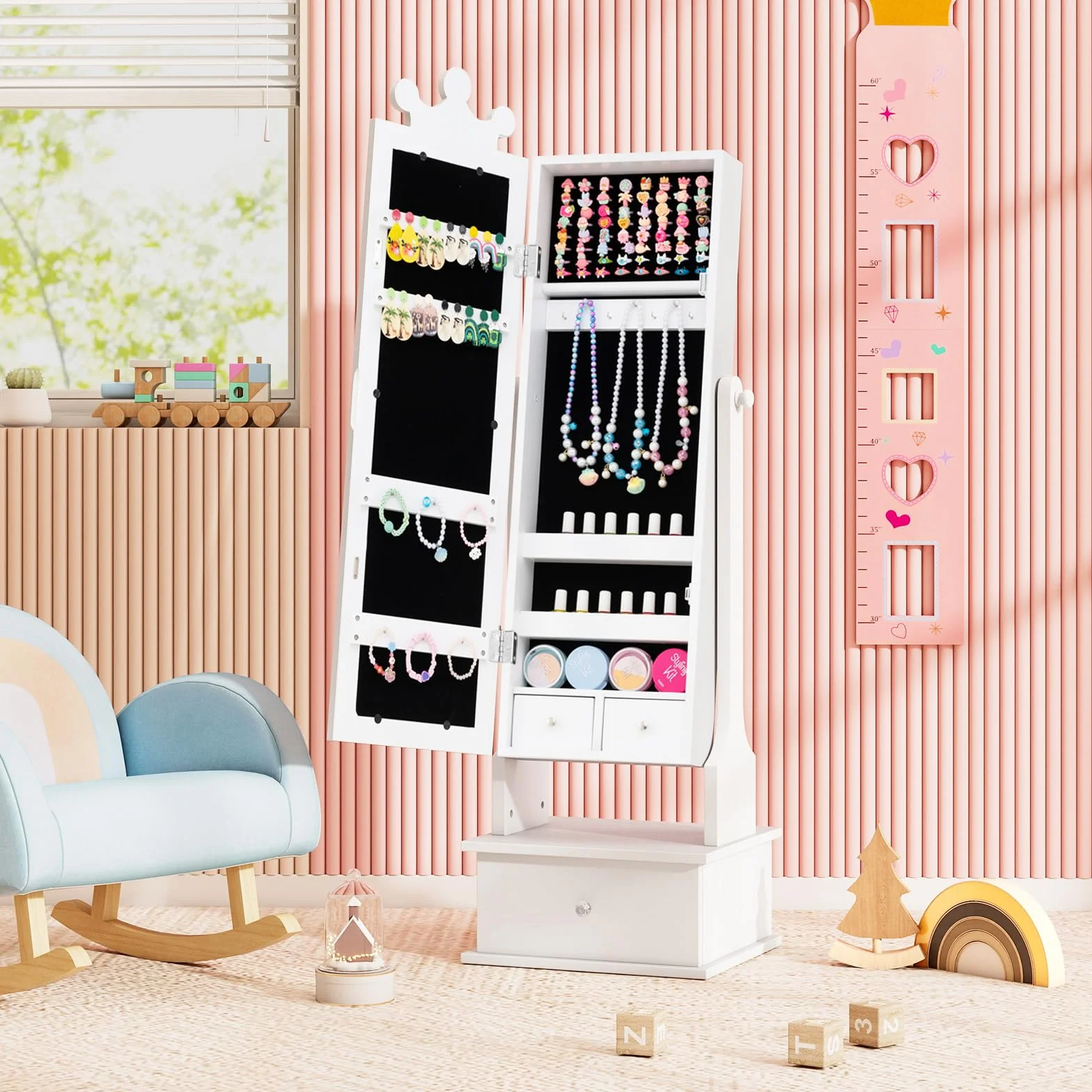 COSTWAY 2 en 1 Armoire à Bijoux Enfants avec Miroir, Organisateur Couronne 3 Tiroirs, Charge 10kg, Blanc