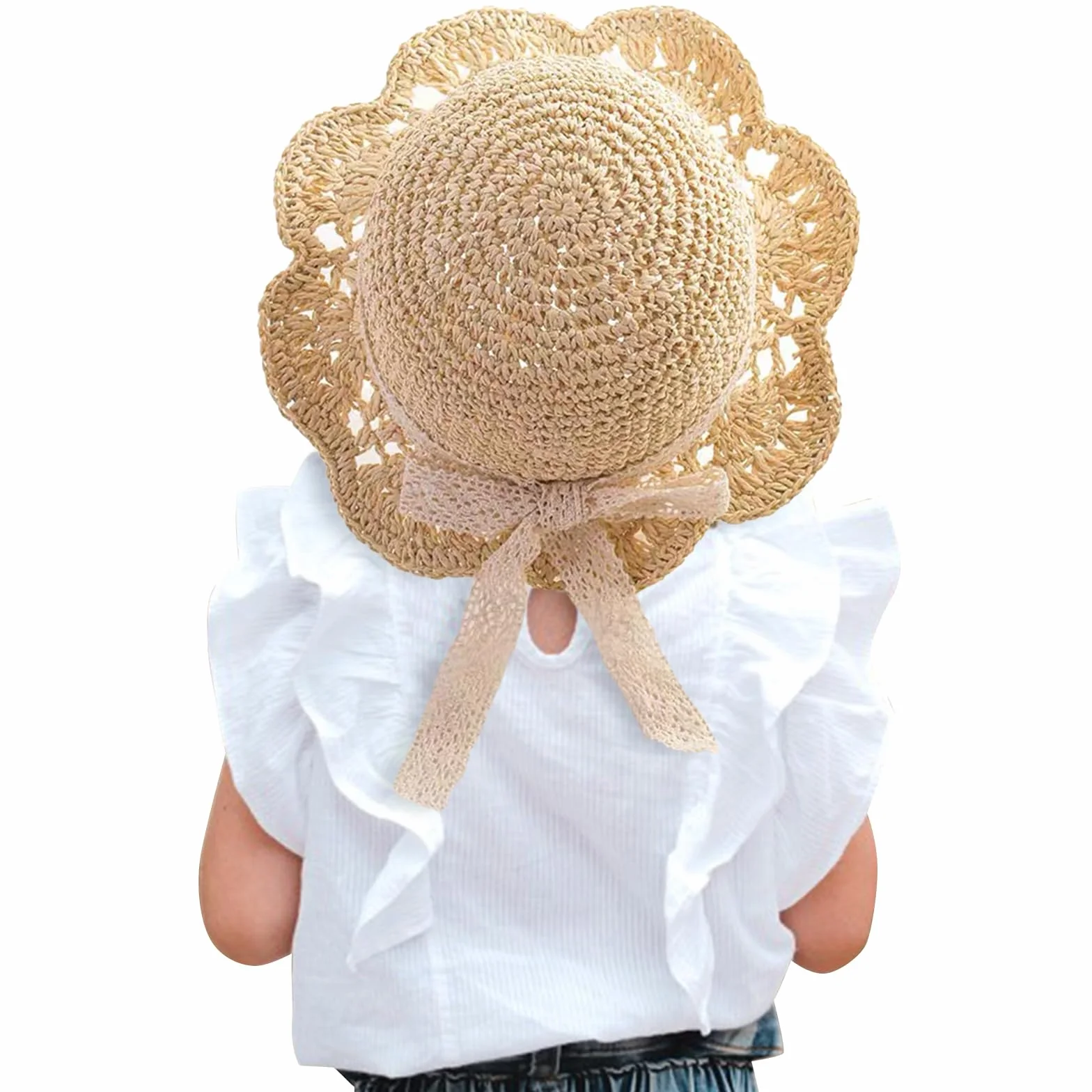 Chapeau Paille Fille Soleil Protection Solaire Pliable Noeud 2-6 Ans