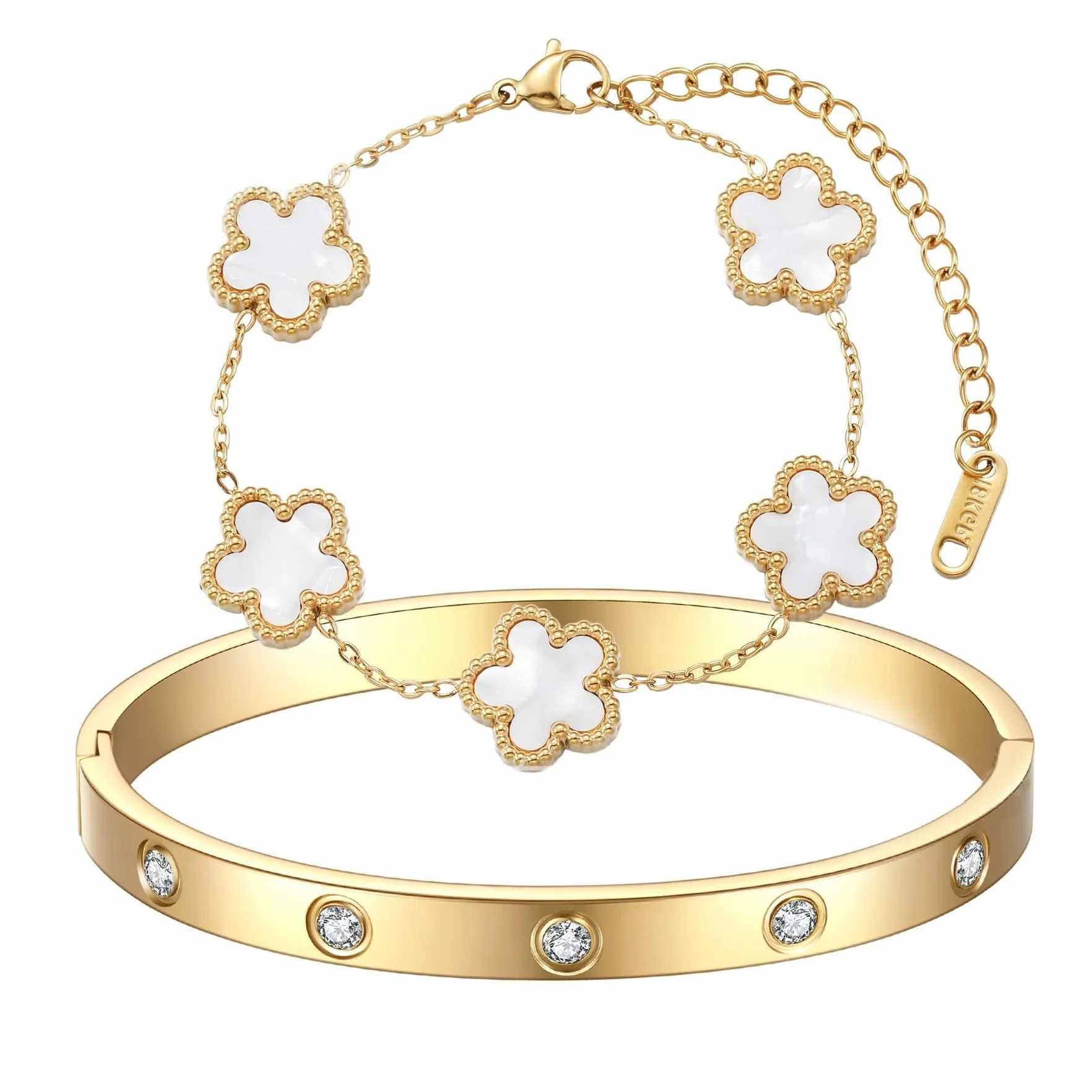 Plaqué 18K Bracelet Femme Trèfle Porte-Bonheur 2 Pièces Bijoux Empilables