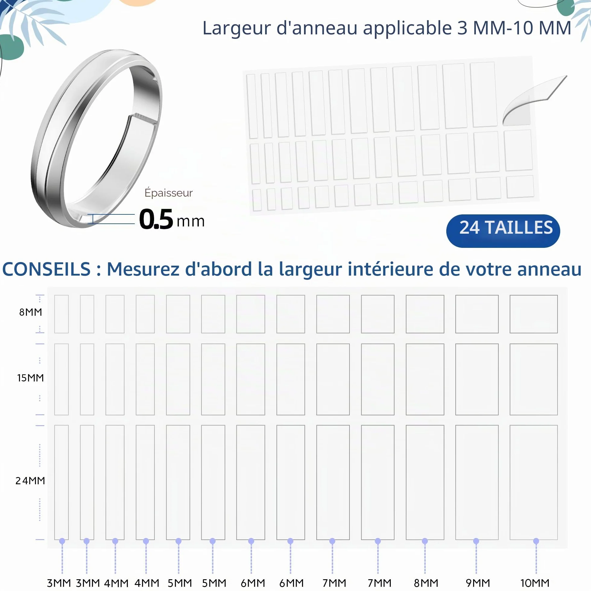 Ajusteur de taille de bague - Réducteur invisible pour bagues larges - 6 feuilles/234 pièces (transparent)