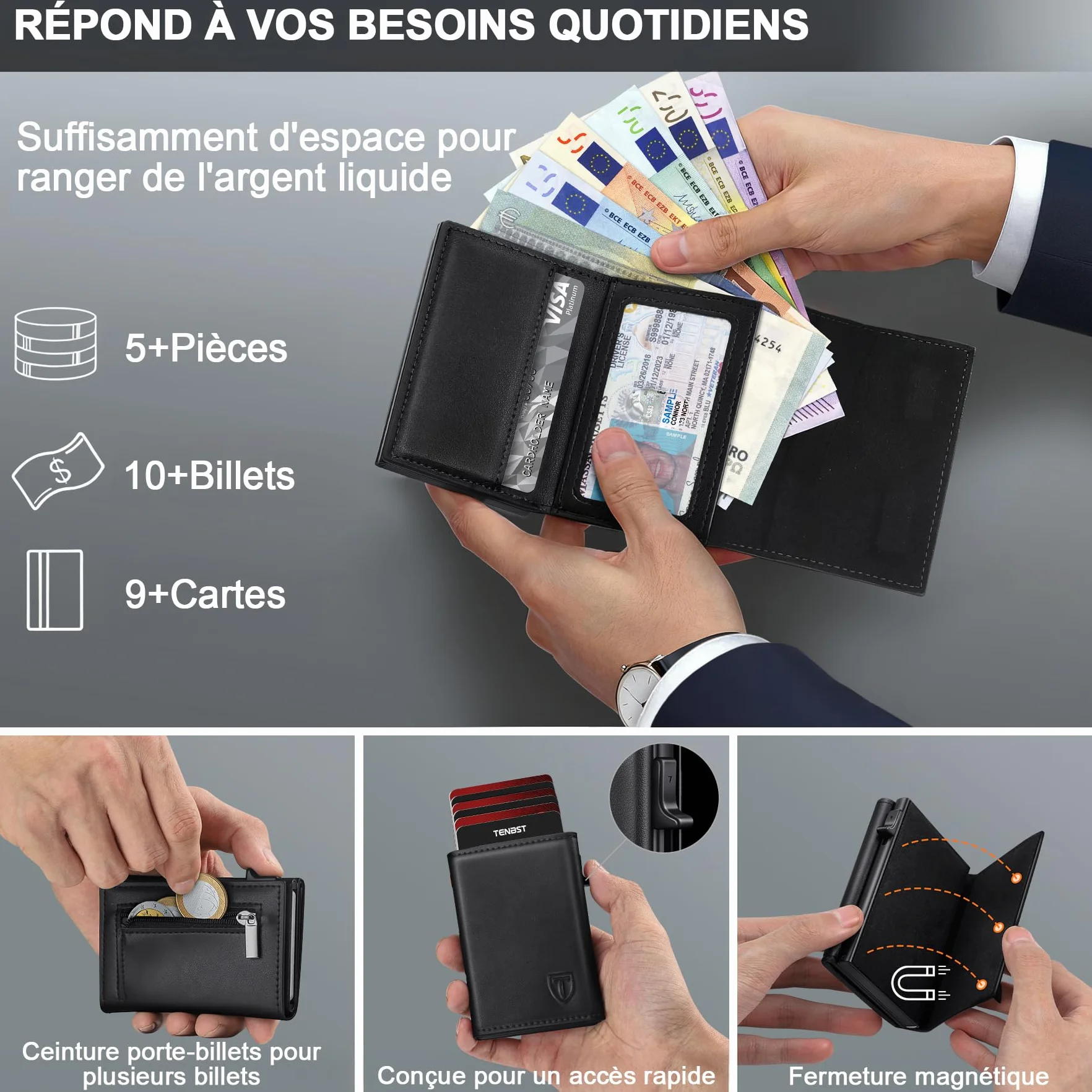 TENBST Portefeuille Homme Cuir RFID Porte-Cartes 8 Cartes Compartiment Billets Poche Monnaie Cadeau Papa