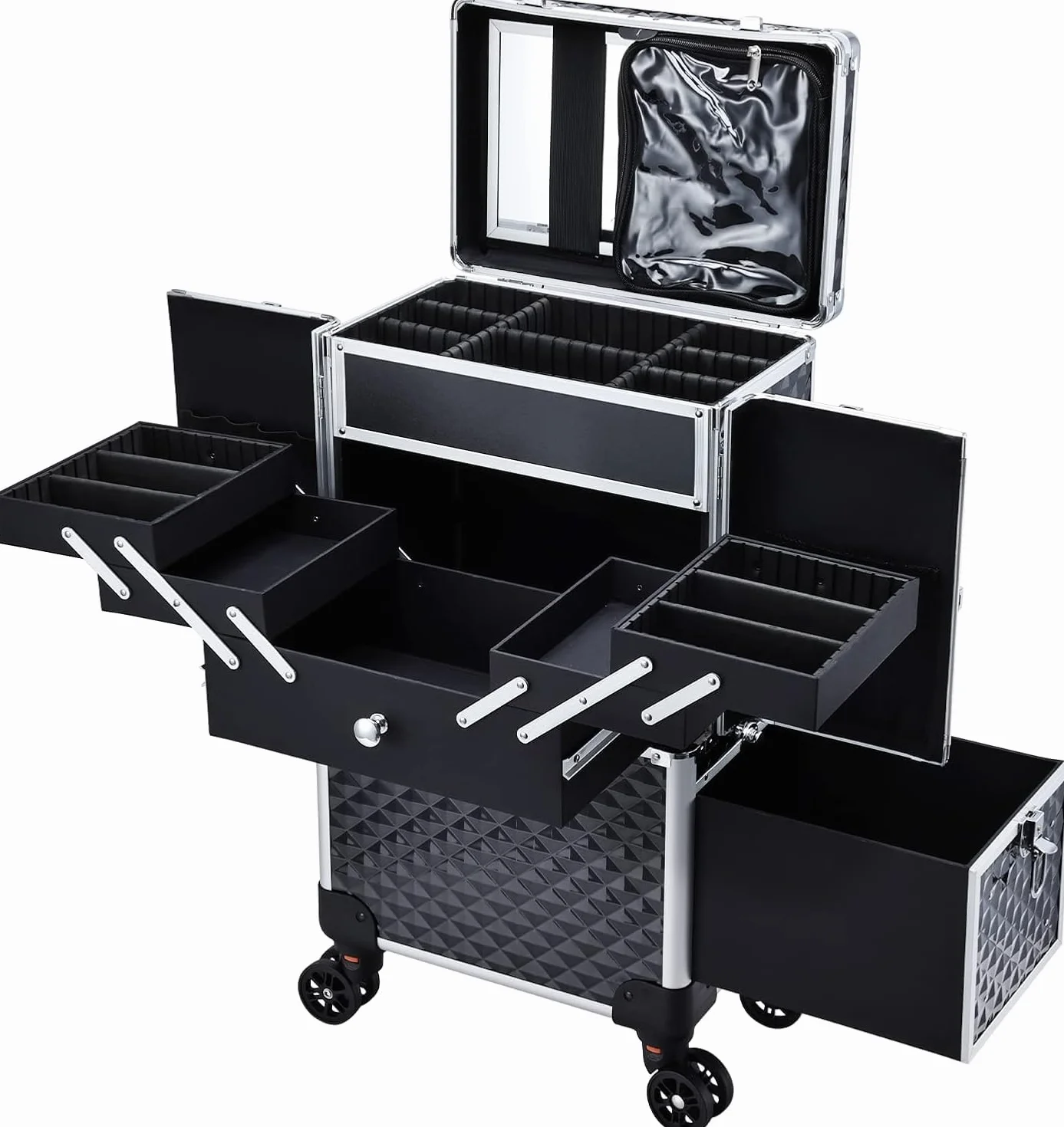 Valise de Maquillage Professionnelle à Roues avec Miroir et Tiroir Coulissant, Noir