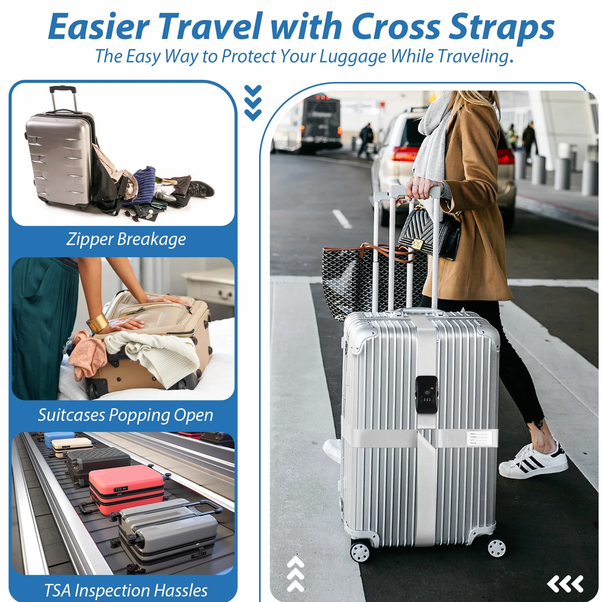 Sangles de Bagages Croisées avec Serrure TSA et Étiquette Nominative, Accessoires de Voyage Visibles et Sécurisés (Argent)