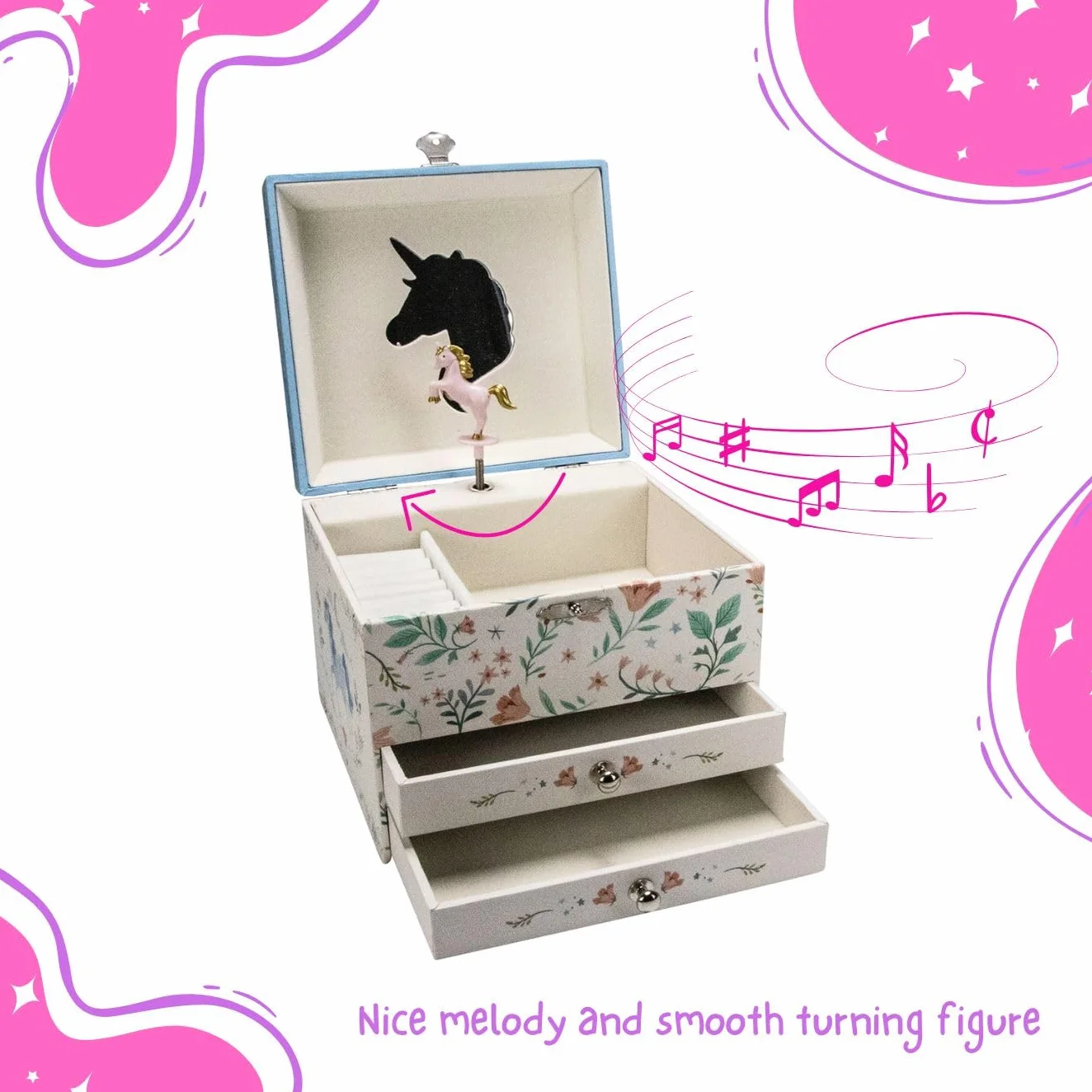 GICO Boîte à bijoux musicale licorne pour enfants avec deux tiroirs