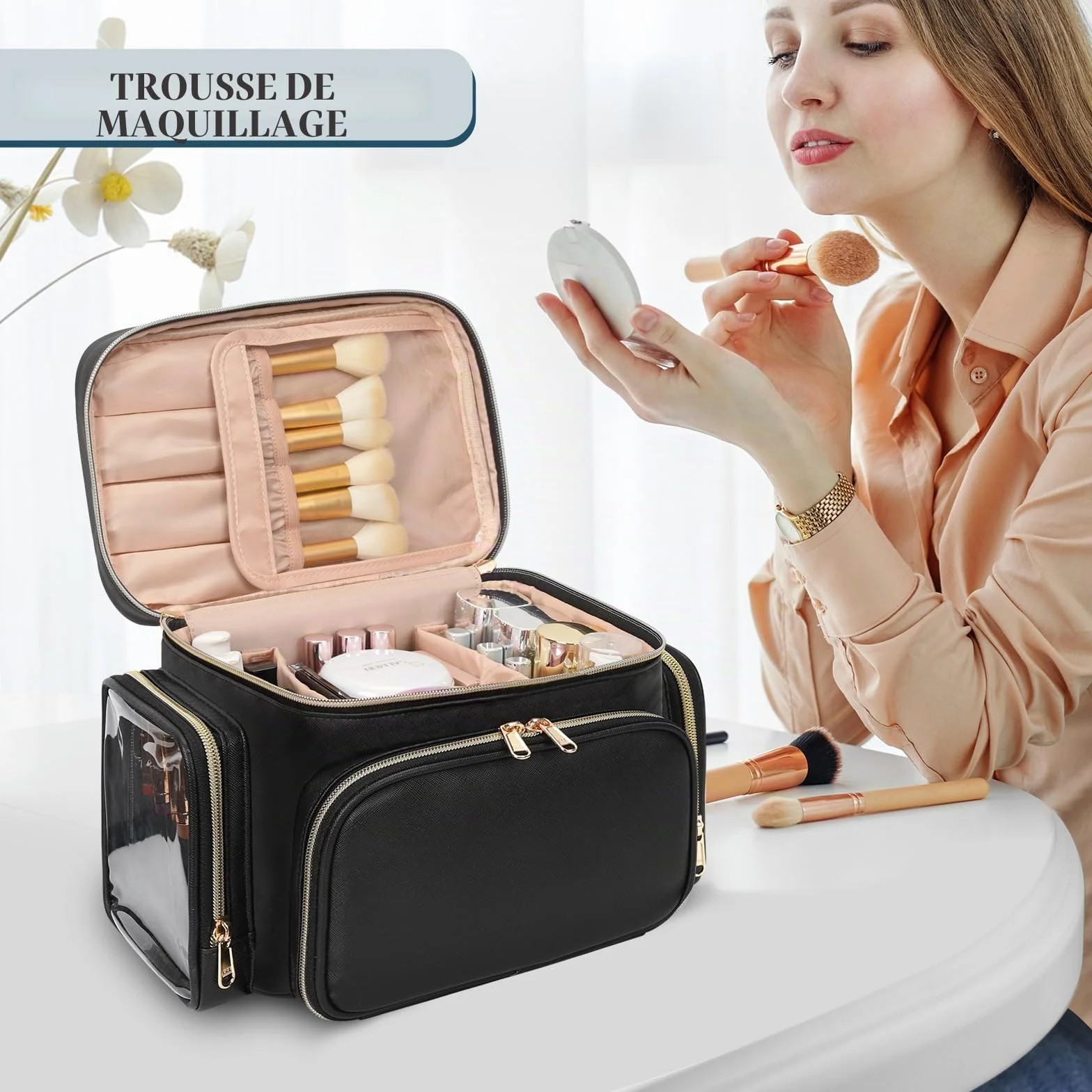 Pochette de maquillage pour femme avec support pour pinceaux, organisateur portable, Noir