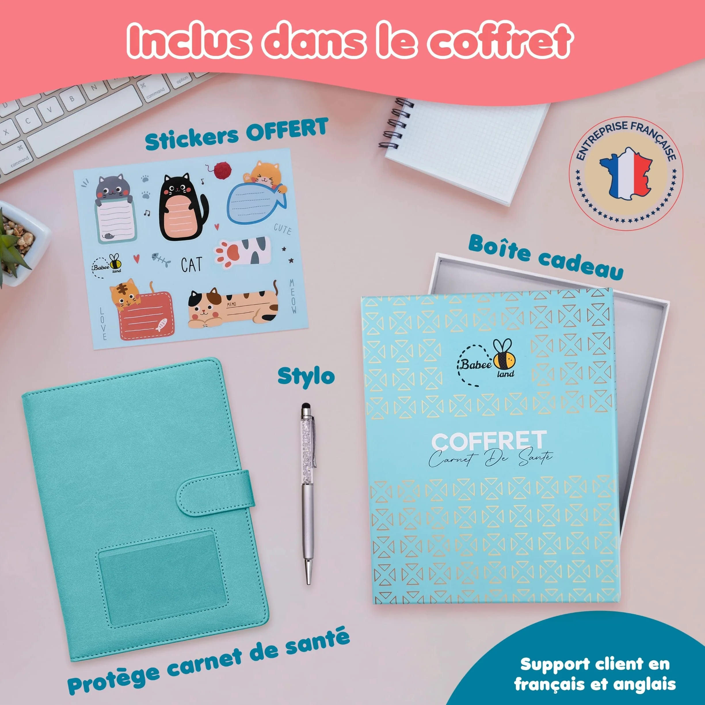 Protege carnet de sante bebe enfant personnalise Garcon avec STYLO Couverture carnet Pochette ordonnance carte vitale BONUS autocollants Coffret cadeau naissance original