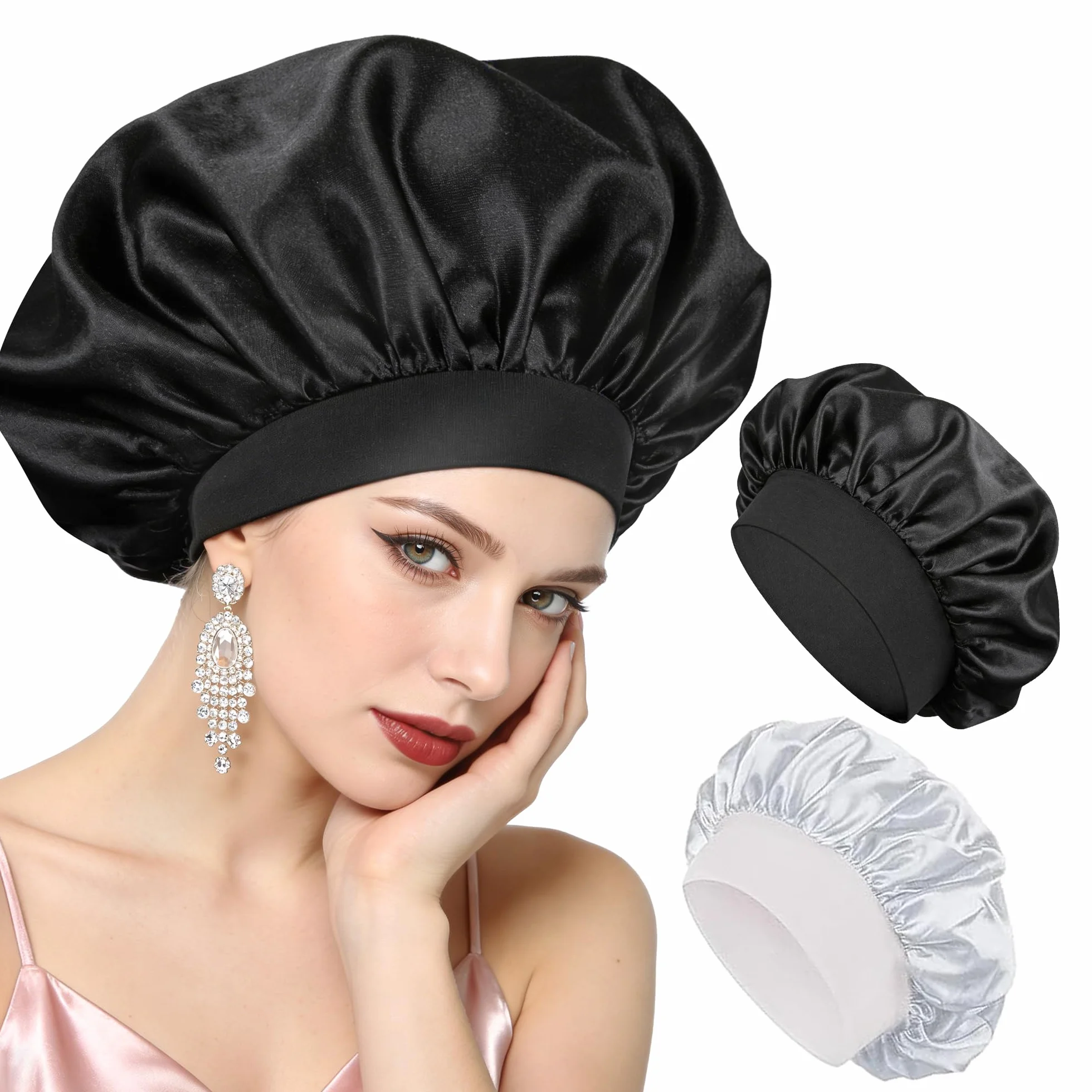Lot de 2 Bonnets Satin Cheveux Nuit Anti-frisottis - Noir + Argent