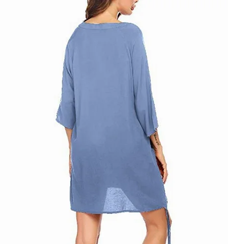 Cache-maillot de plage pour femme avec col en V et imprimé papillon, bleu, XL
