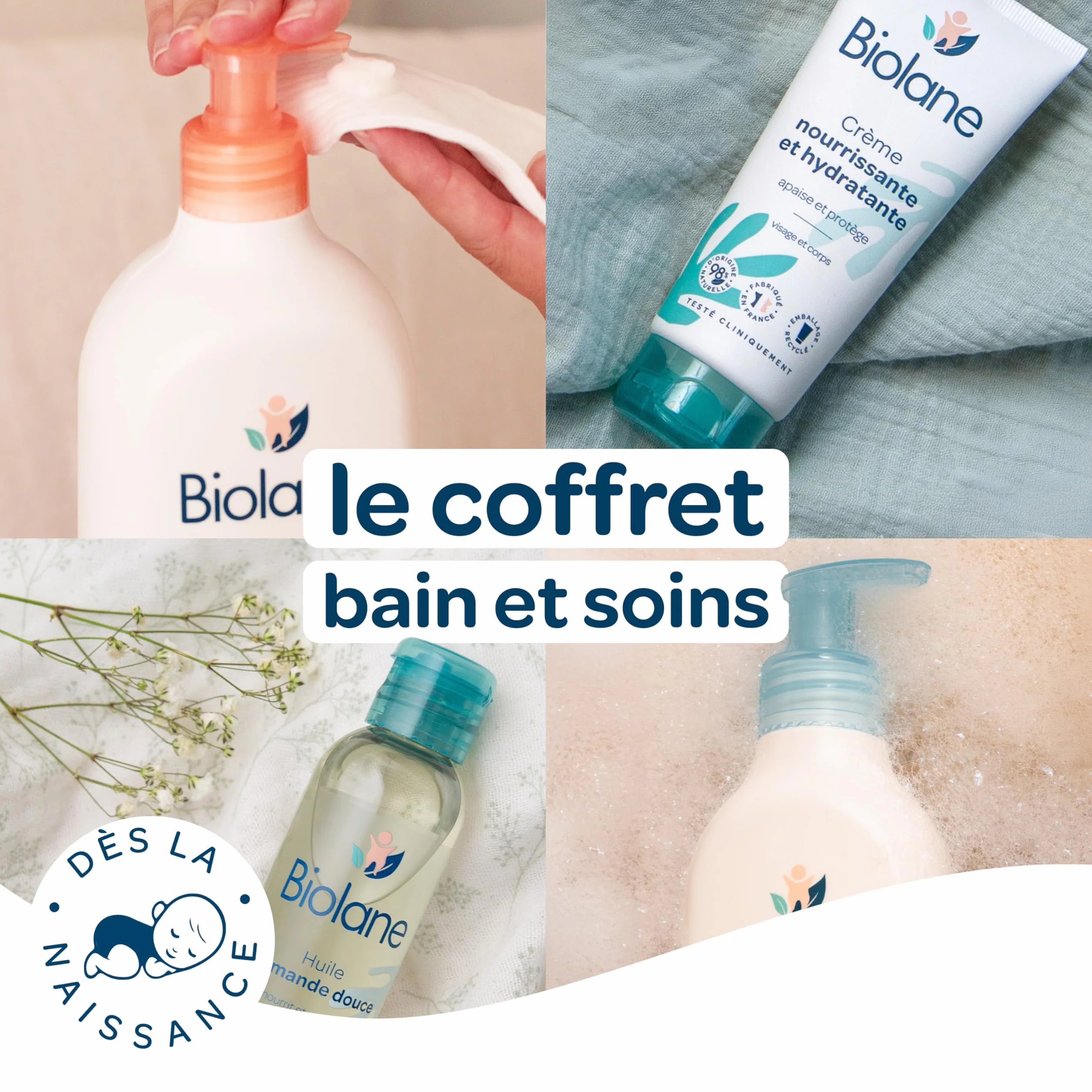 BIOLANE Kit Bain & toilette Bébé Gel douche Lait de toilette Crème hydratante Huile d'amande douce Peaux sensibles Fabriqué en France