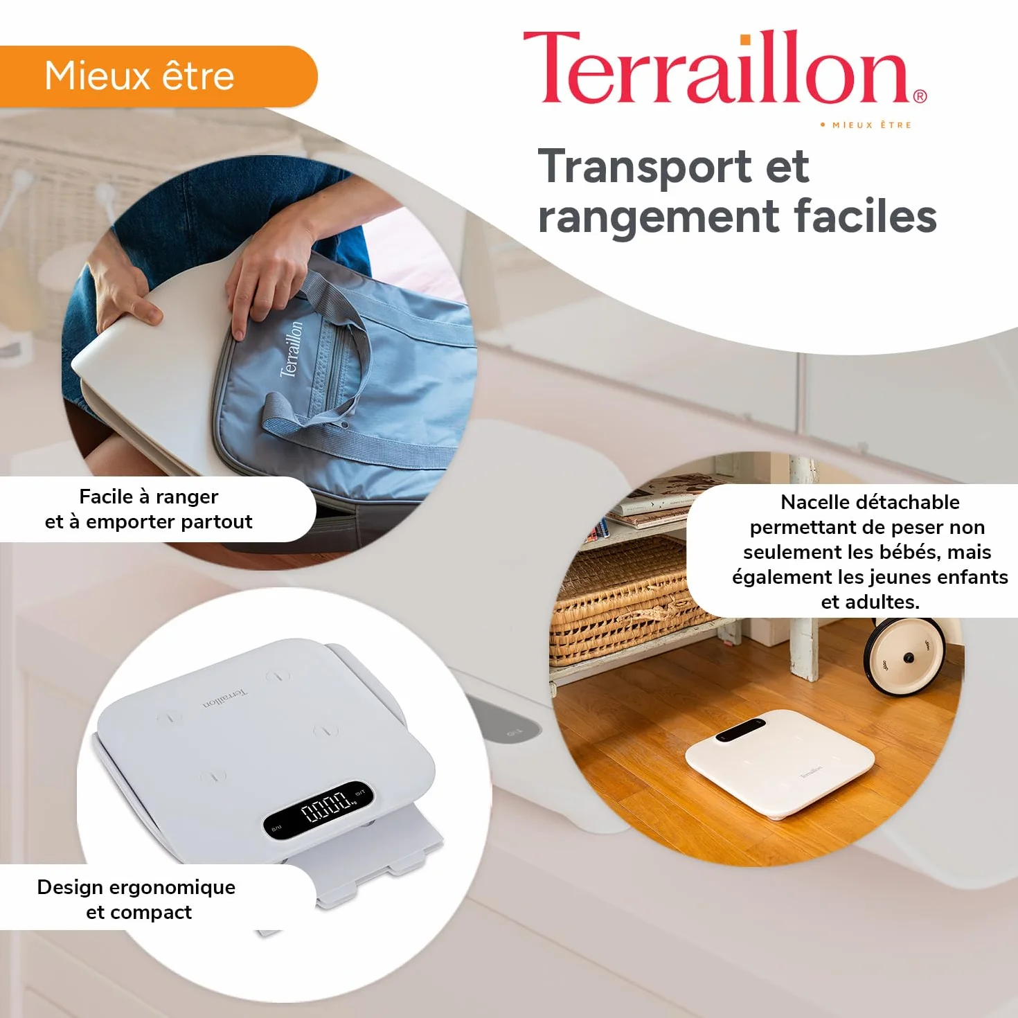 Pèse Bébé 2 en1 électronique TERRAILLON BABY FIT, Nacelle Détachable, Capacité 180 kg, Blanc