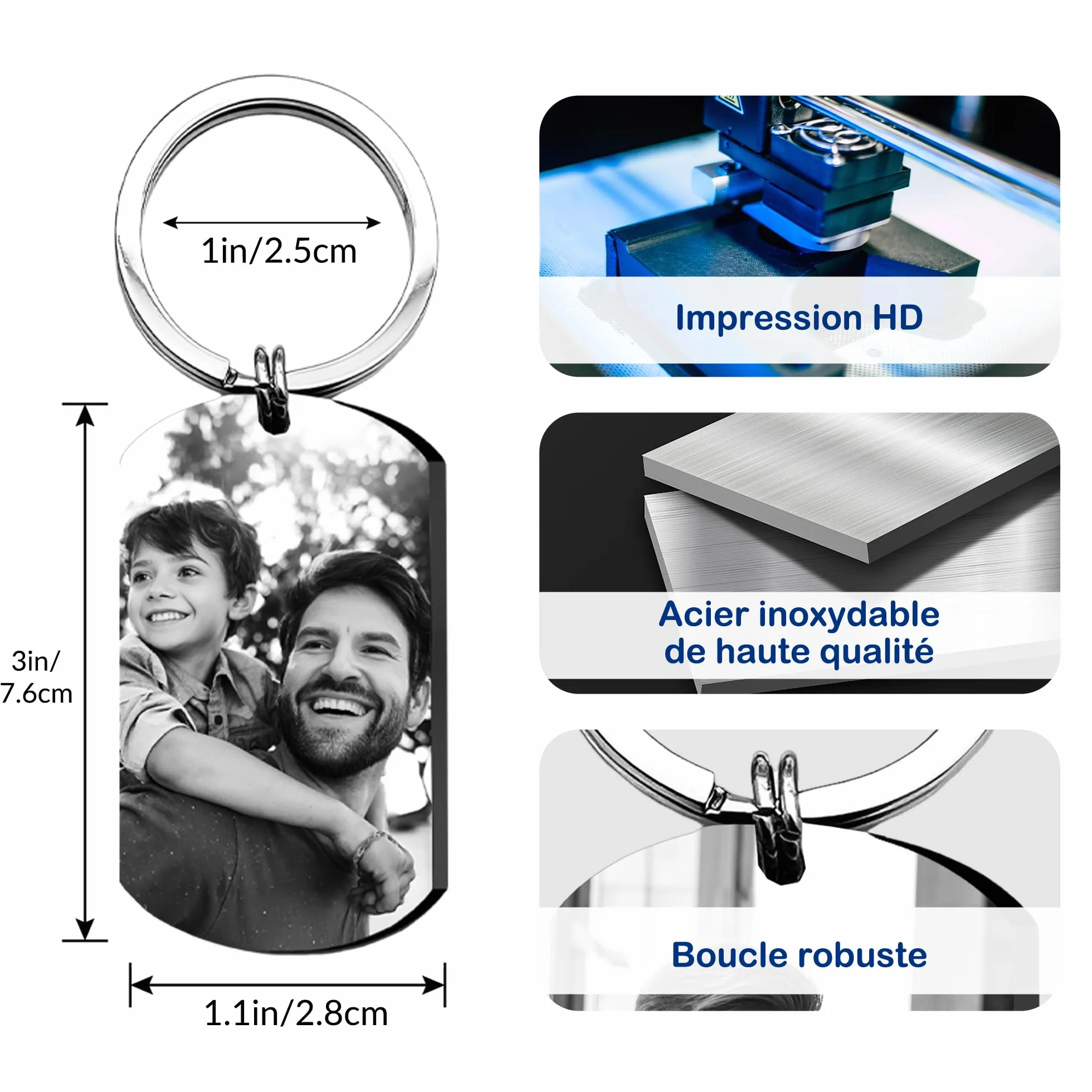 Porte-Clés Personnalisé Photo Texte Gravé Cadeau Fête des Pères Papa Homme