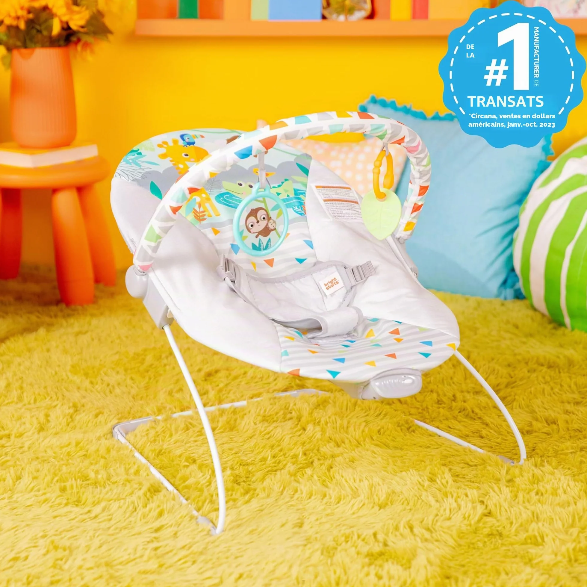 Bright Starts Transat Bébé Vibrations Apaisantes Barre de Jouets Amovible Pieds Antidérapants 0-6 Mois 9 kg Safari Fun