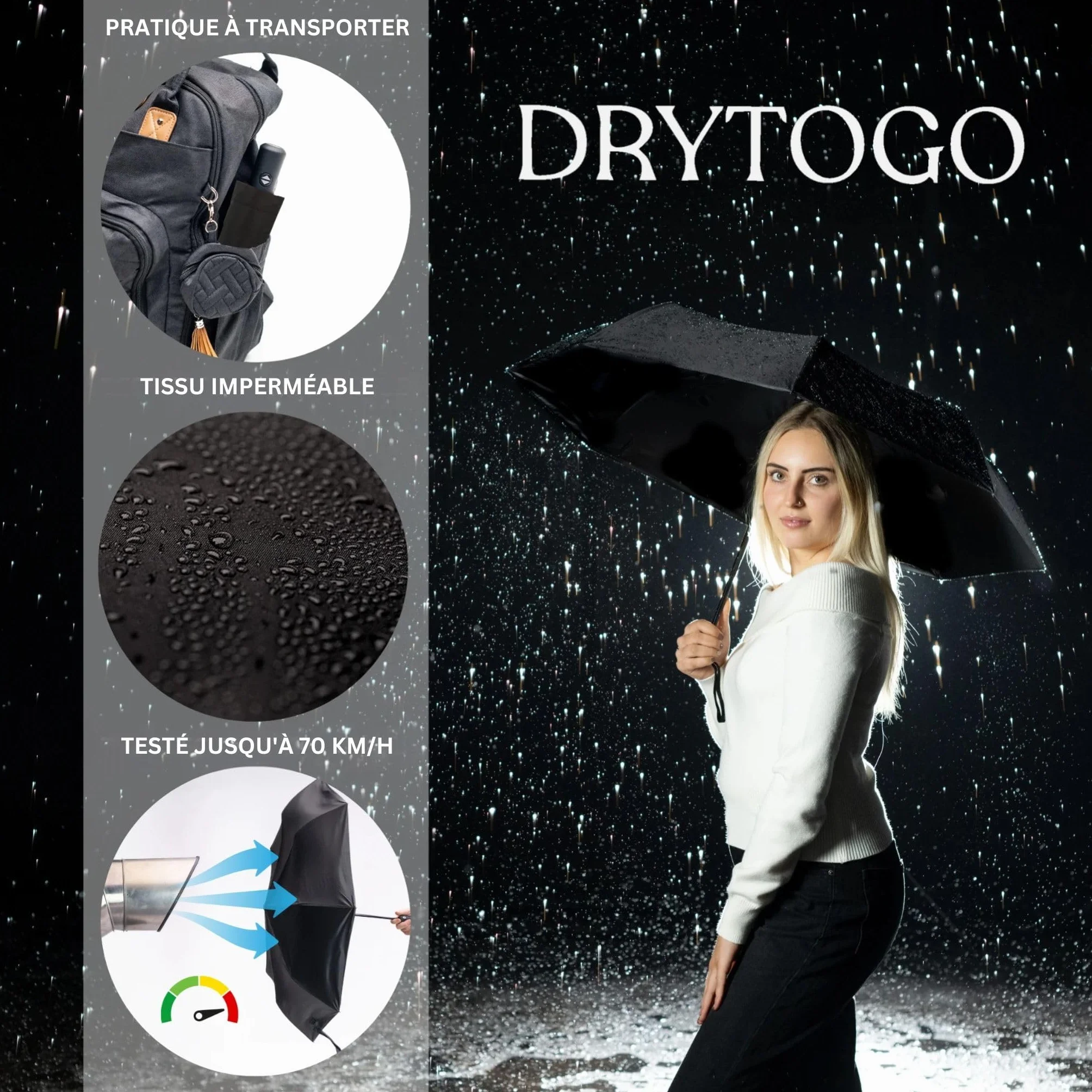 Drytogo Parapluie pliant résistant vent fort 3 tailles Ø95-105 cm automatique