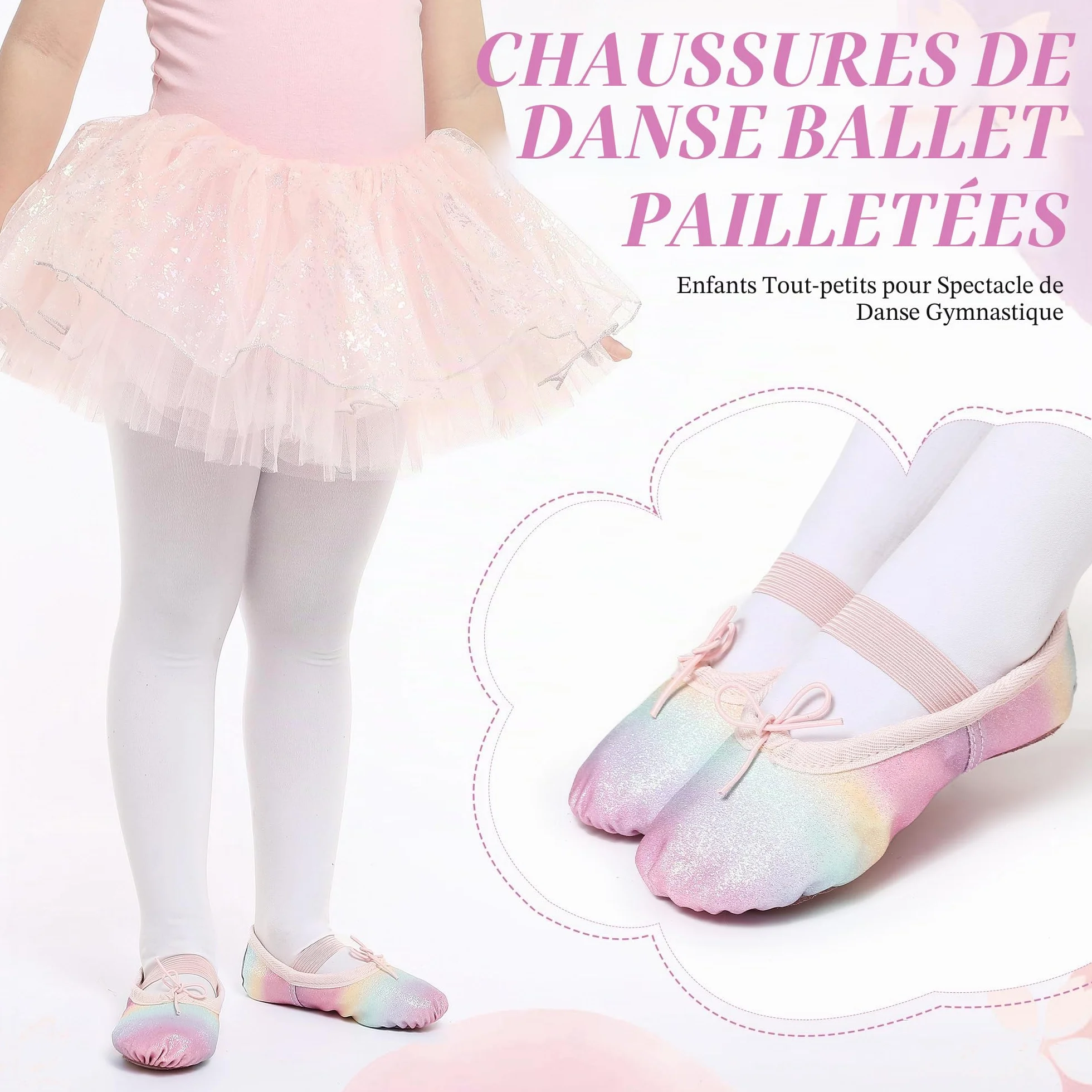 Chaussures de ballet pour filles - Chaussons de danse en cuir à paillettes - Ballerines plates semelle complète
