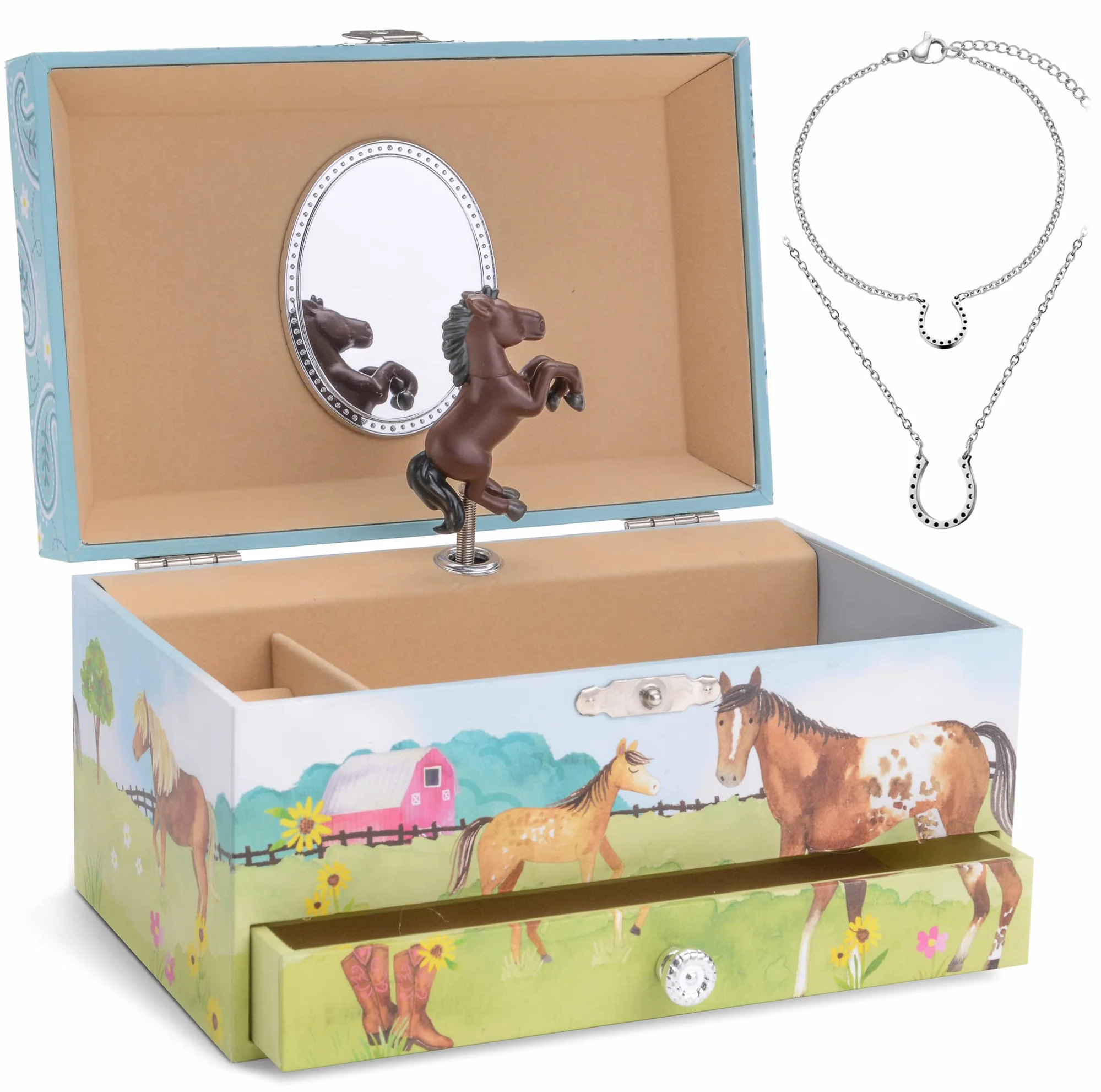 Jewelkeeper Boîte à Musique Cheval à l'Écurie & Parure assortie pour filles - 3 Cadeaux