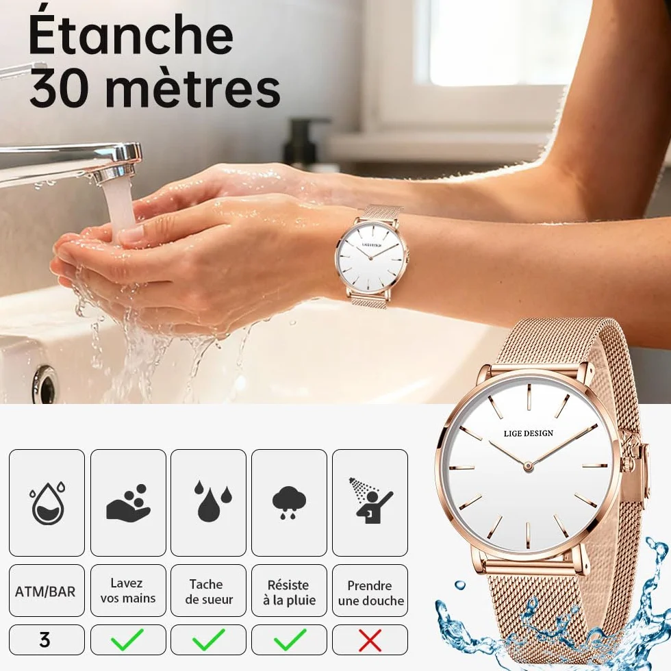 LIGE Montre Femme Ultra-Plate Acier Inoxydable Étanche Grand Cadran Analogique Quartz