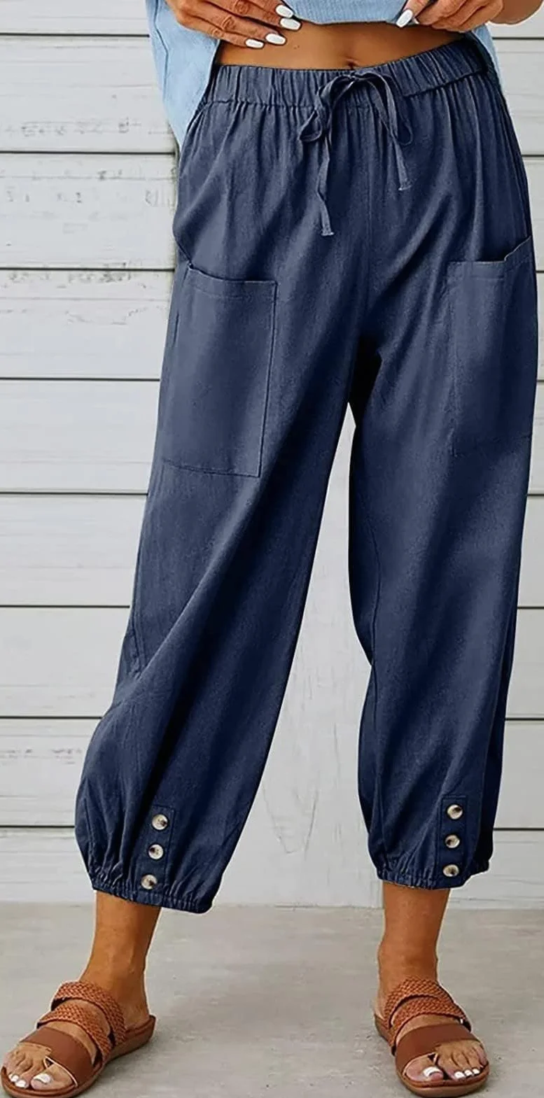 Pantalon 7/8 Femme Lin Ample Longueur Cordon Poches Été