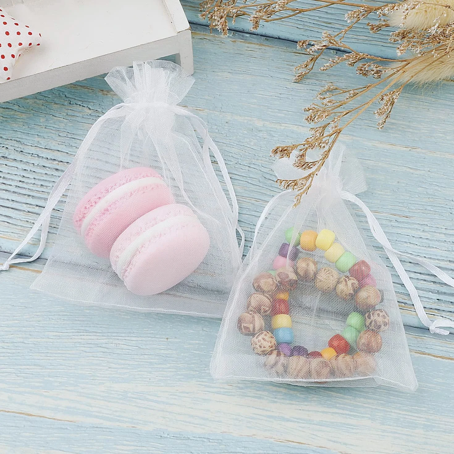 Sachets en organza blanc 9 x 12 cm Lot de 100 avec cordon en satin