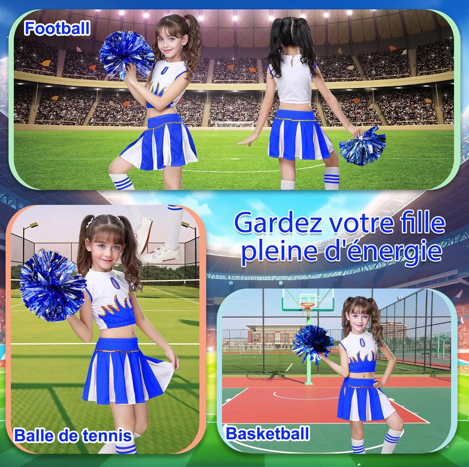 Robe de pom-pom girl pour fille avec serre-tête uniforme cheerleading carnaval anniversaire Halloween fêtes Cosplay 3-15 ans