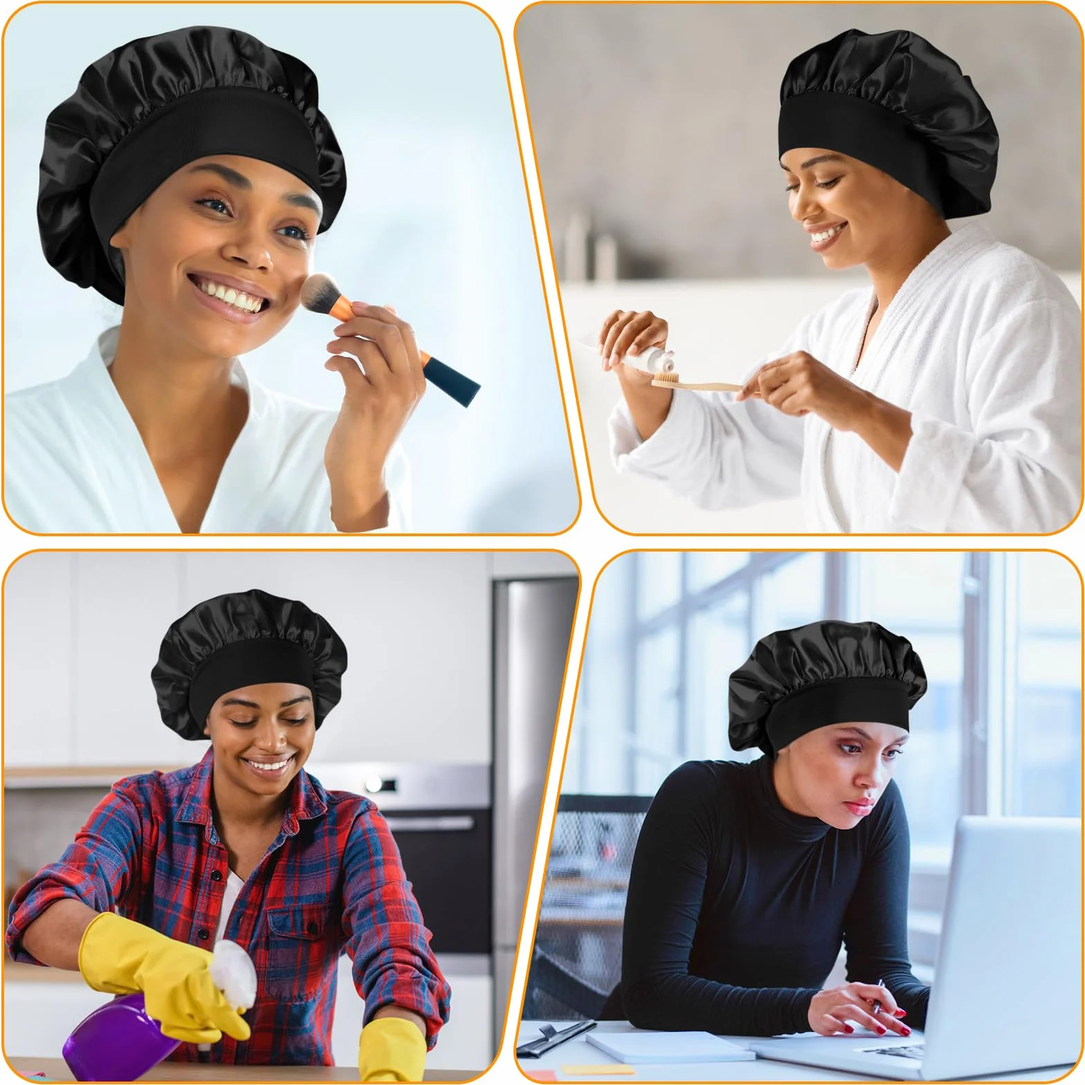 Bonnet Satin Cheveux Nuit Ajustable Élastique Femme Soin Cheveux Bouclés Noir