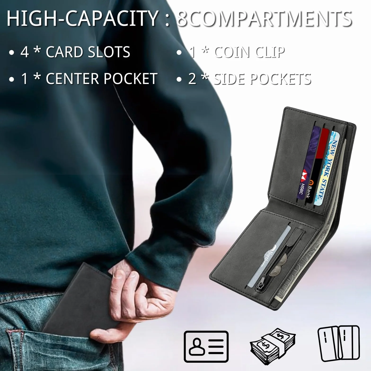 KEYRI Portefeuille Homme Cuir avec Porte-Cartes et Compartiments à Billets Noir